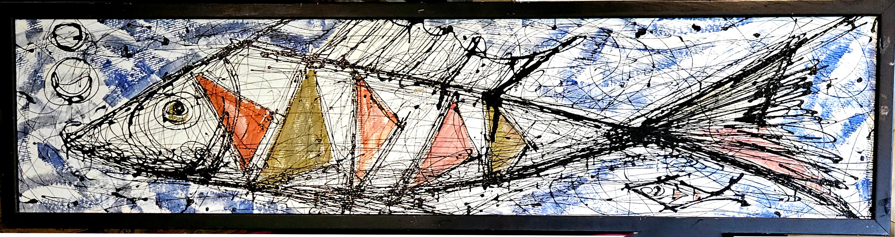 Peinture moderniste de poissons et de yachts stylisés
Années 1960-80

Ce tableau moderniste encadré présente une interprétation dynamique et stylisée d'un poisson, exécutée dans un style moderniste. La composition est orientée horizontalement et