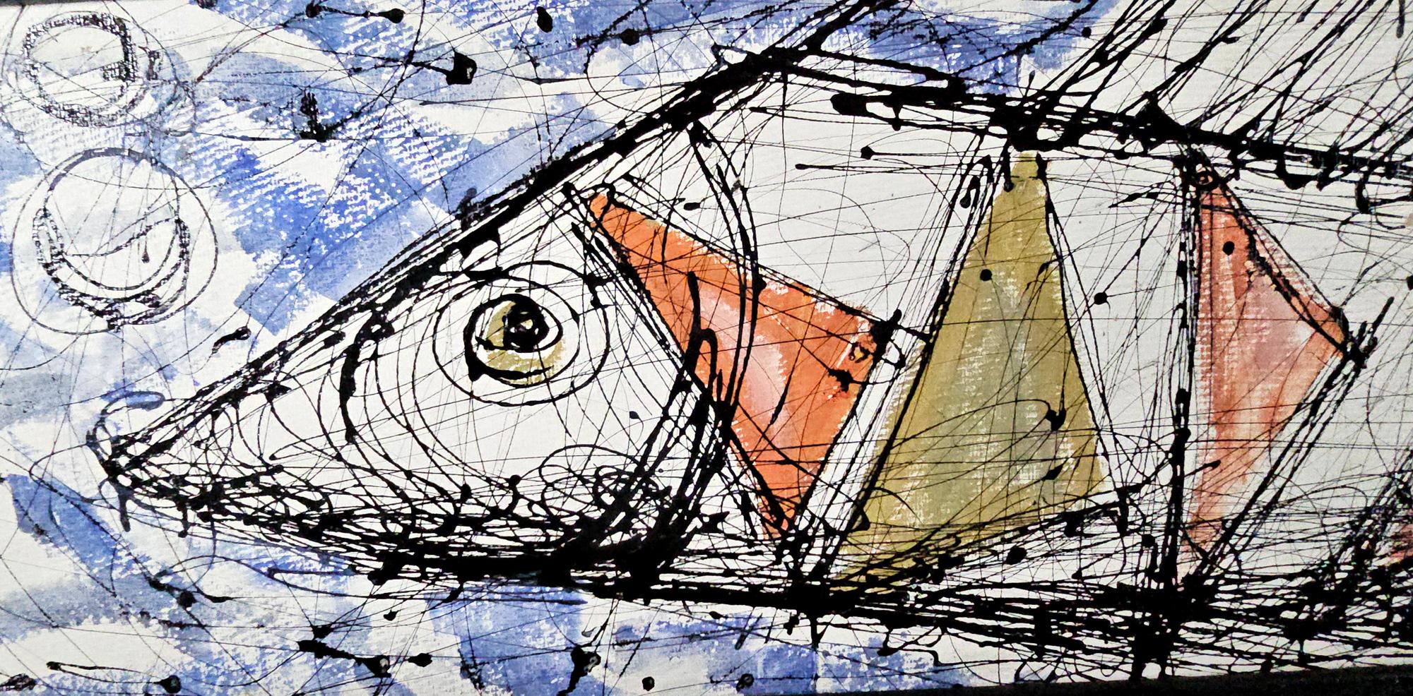 Artisanat Peinture moderniste du milieu du siècle représentant des poissons stylisés et des yachts en vente