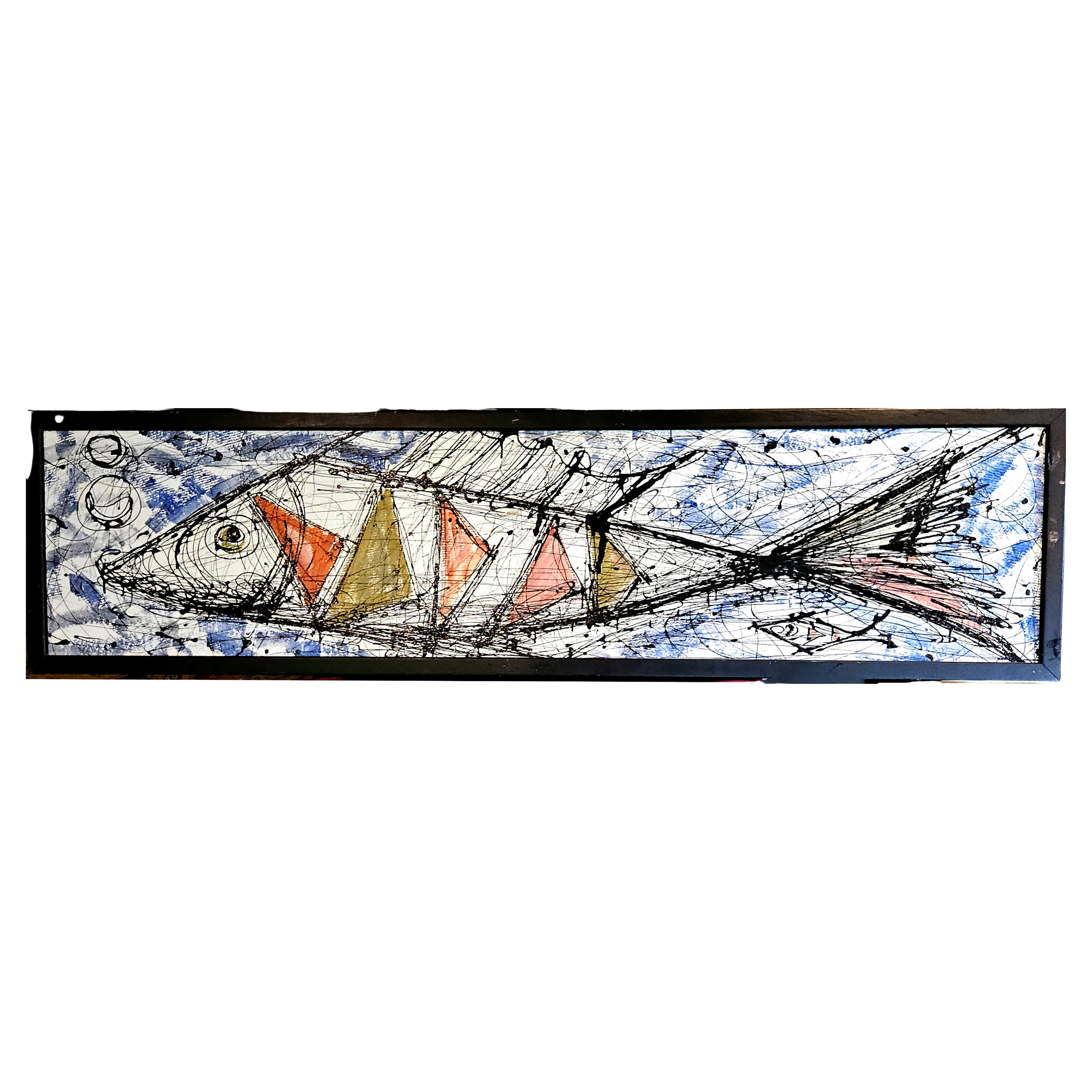 Modernistisches Gemälde aus der Mitte des Jahrhunderts mit stilisierten Fischen und Yachten