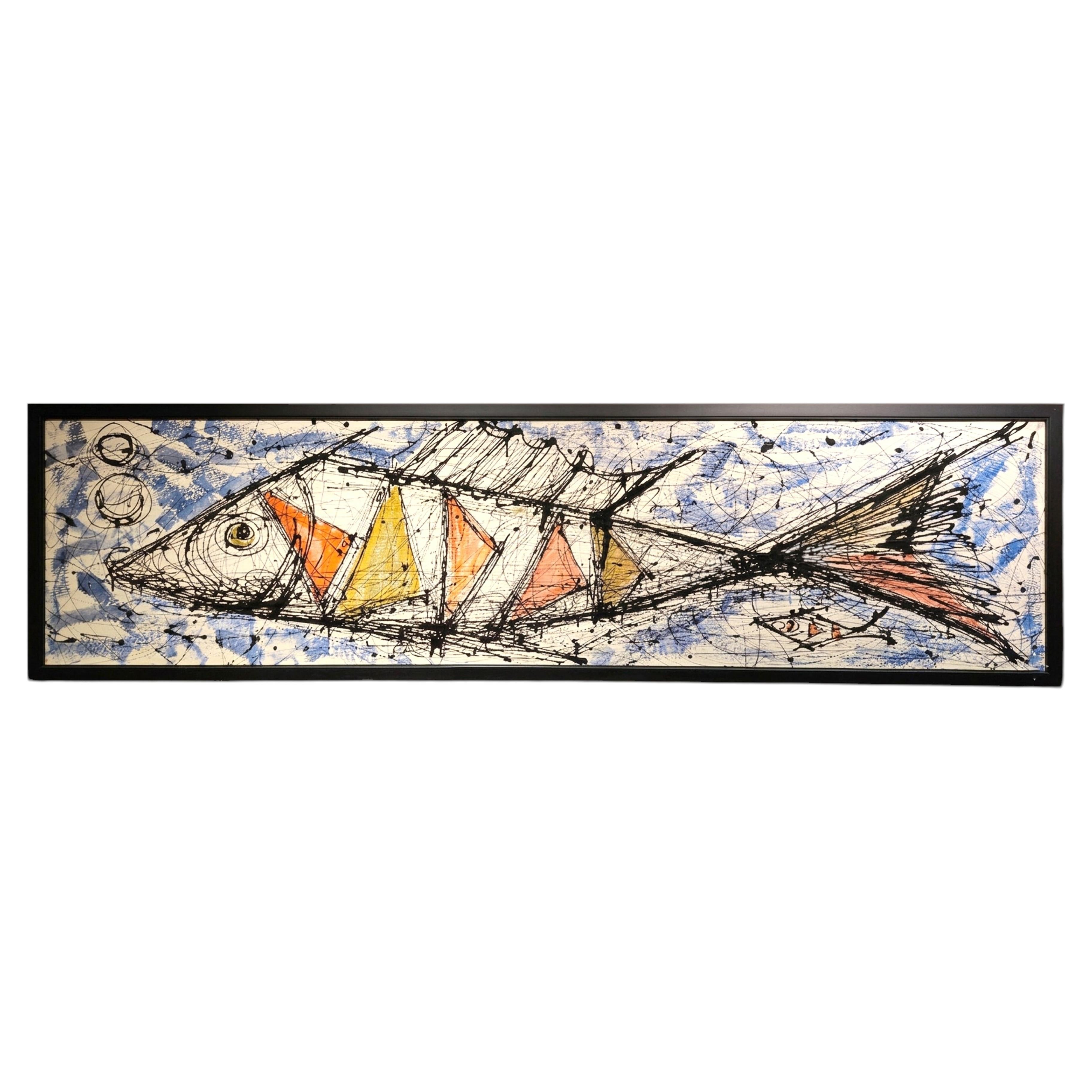 Mid-century Modernist Painting of Stylized Fish and Yachts