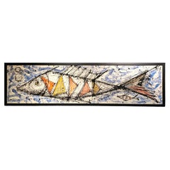 Pintura modernista de mediados de siglo de peces estilizados y yates