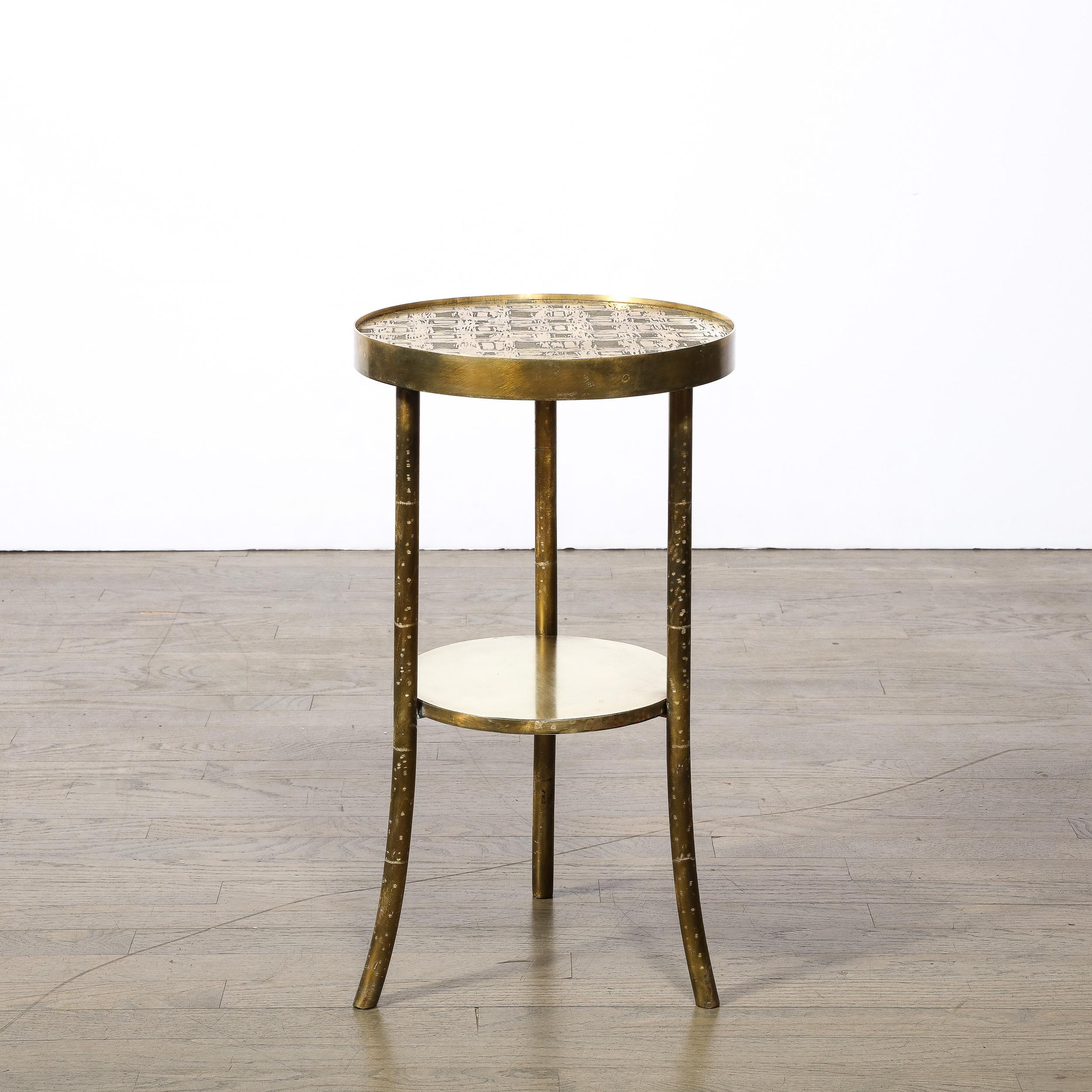Mid-Century Modernist Patinated Bronze & Hand-Etched End Table, Philip Laverne In Good Condition In New York, NY
