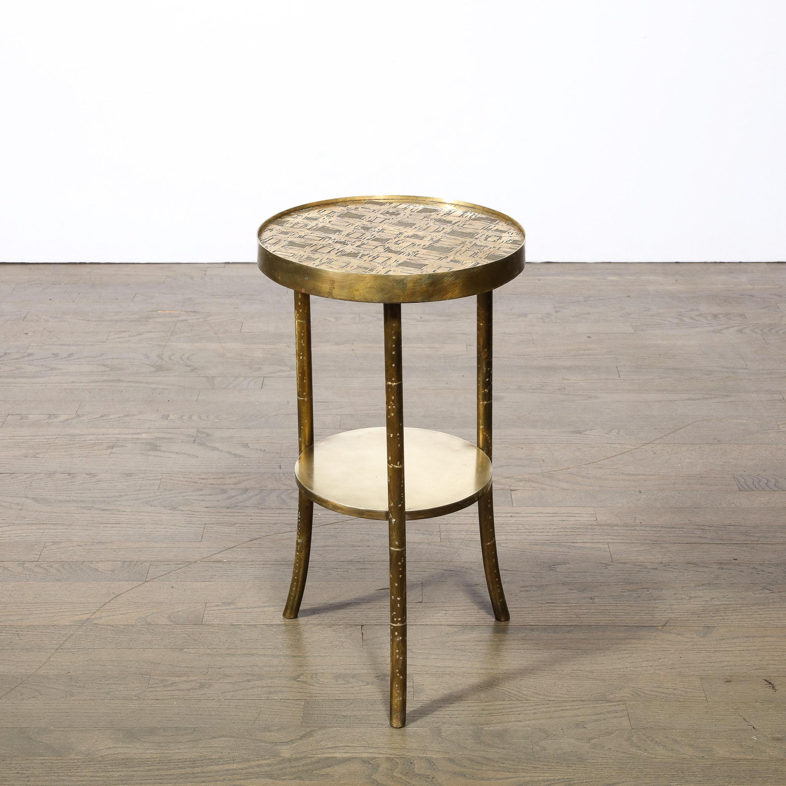 Mid-Century Modernist Patinated Bronze & Hand-Etched End Table, Philip Laverne 2