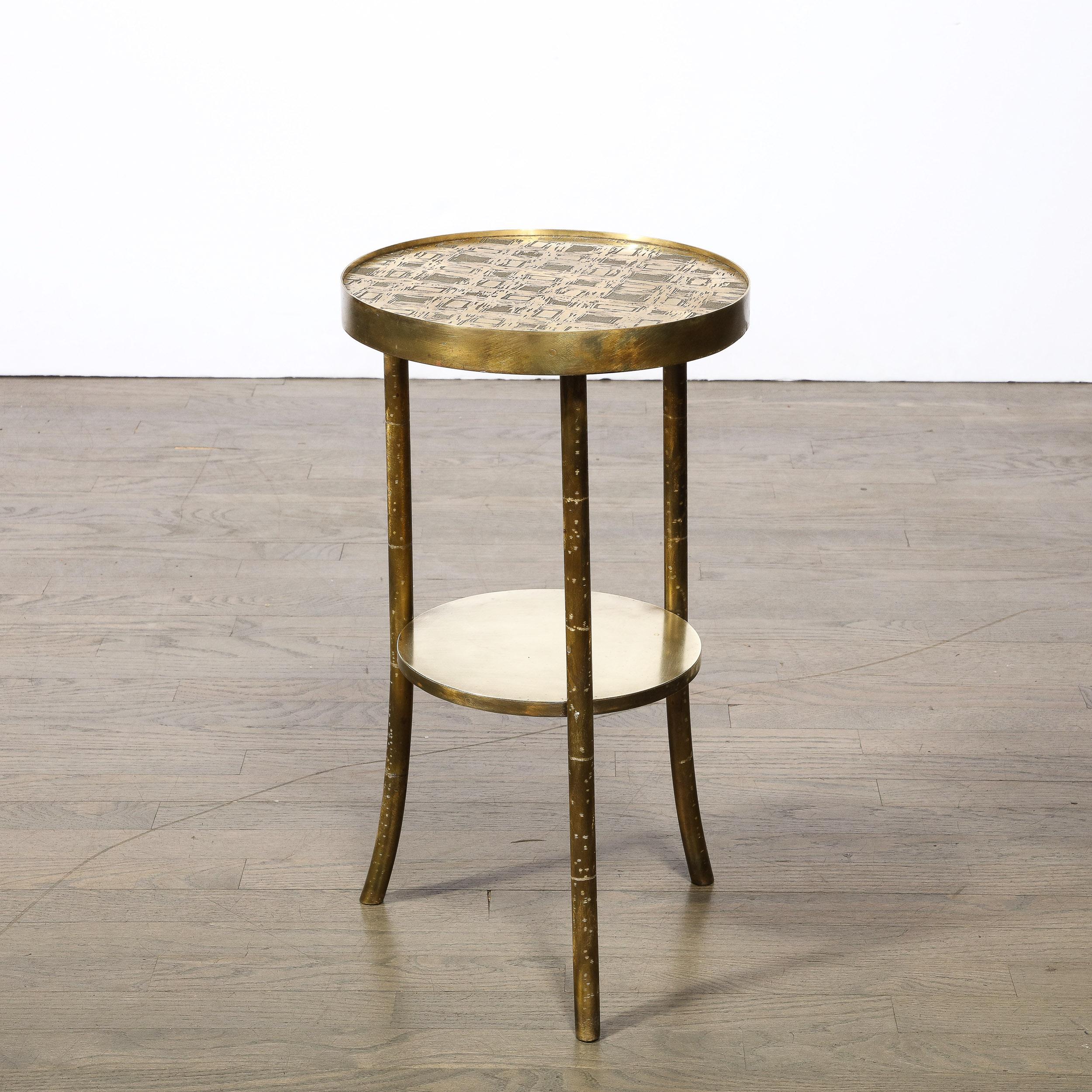 Mid-Century Modernist Patinated Bronze & Hand-Etched End Table, Philip Laverne 3