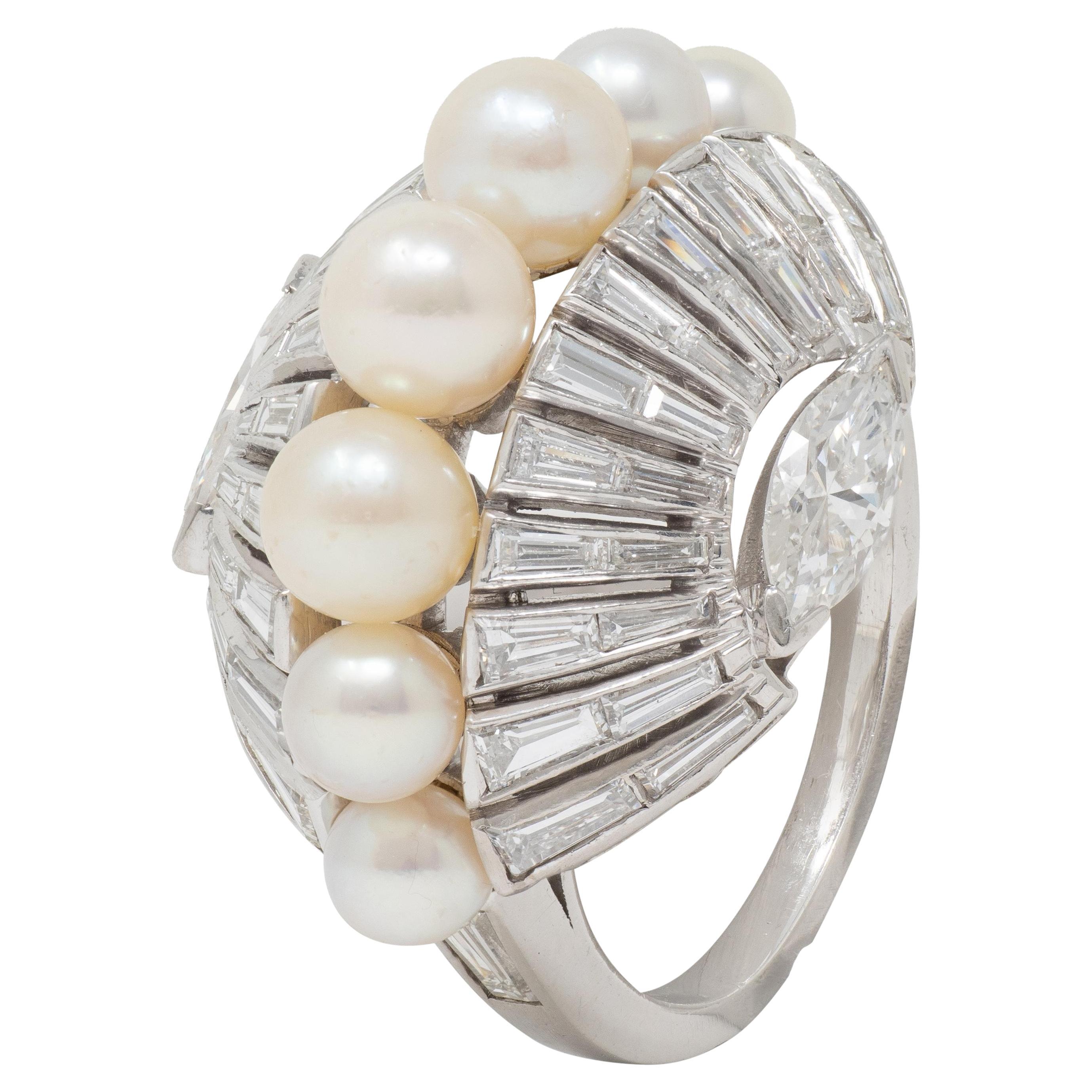 Modernistischer Perlen-Diamant-Platin Vintage Fanning Cocktail-Ring aus der Jahrhundertmitte