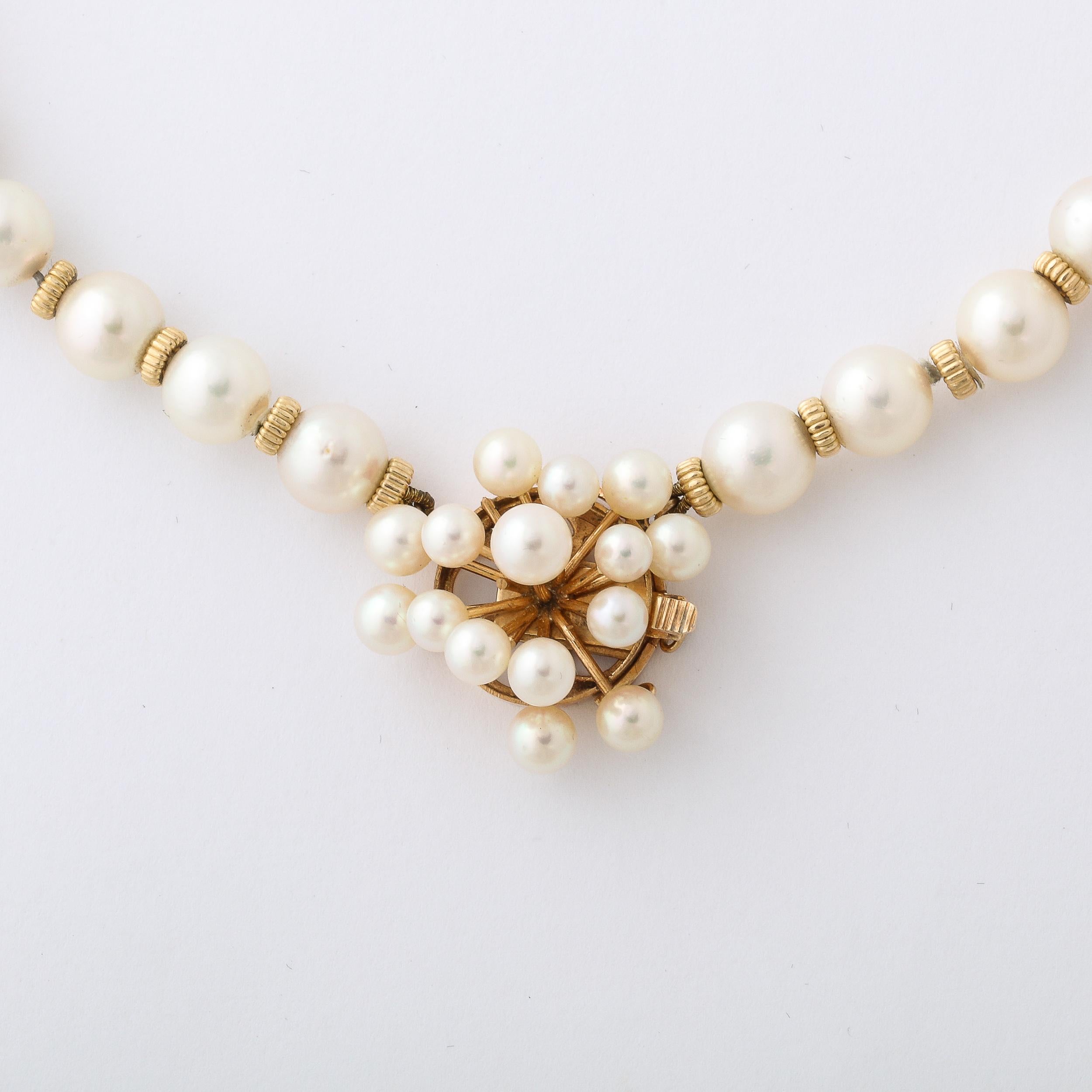 Mid- century Modernist Pearl Necklace with Gold Spacers and Sputnik Clasp For Sale 6