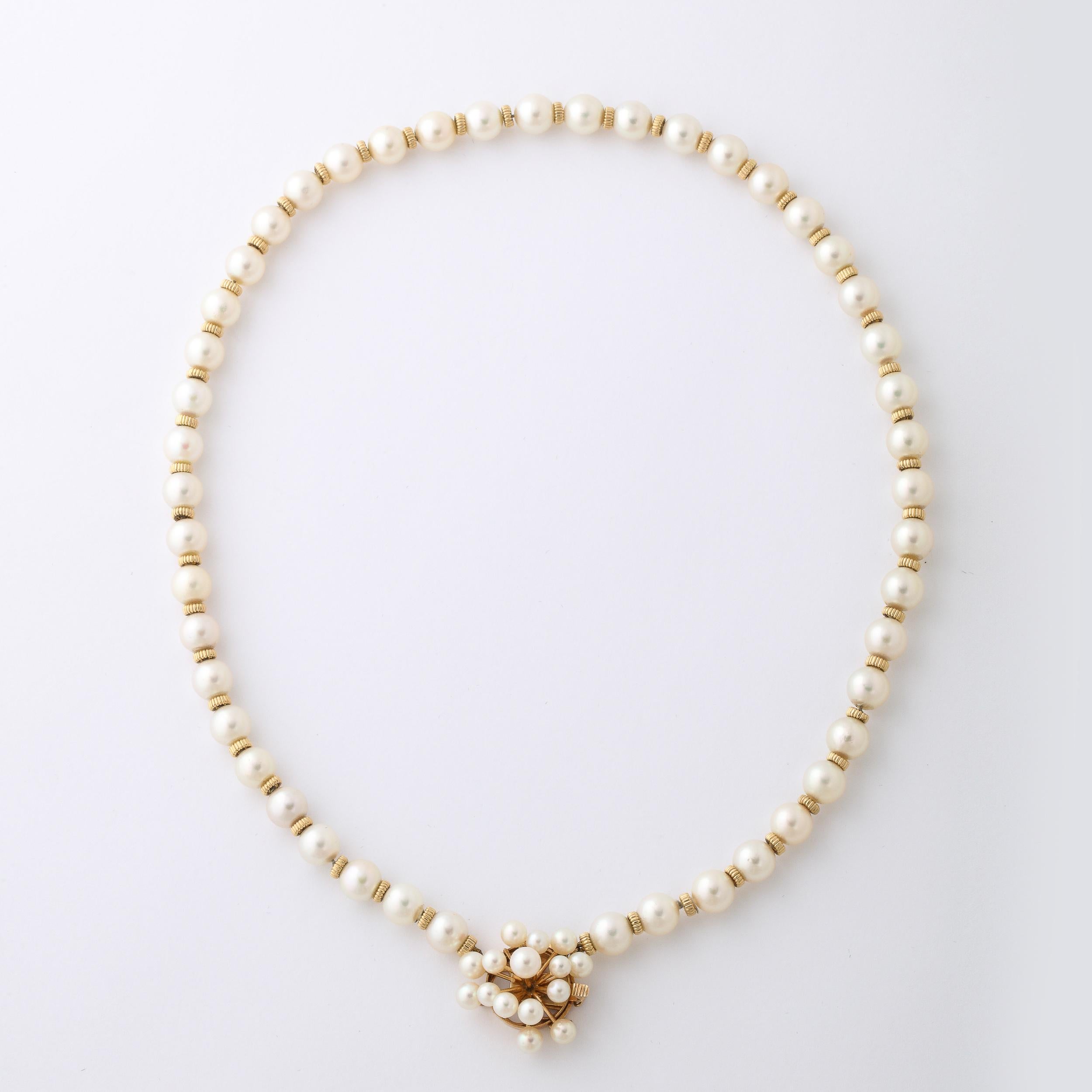 Mid- century Modernist Pearl Necklace with Gold Spacers and Sputnik Clasp For Sale 7