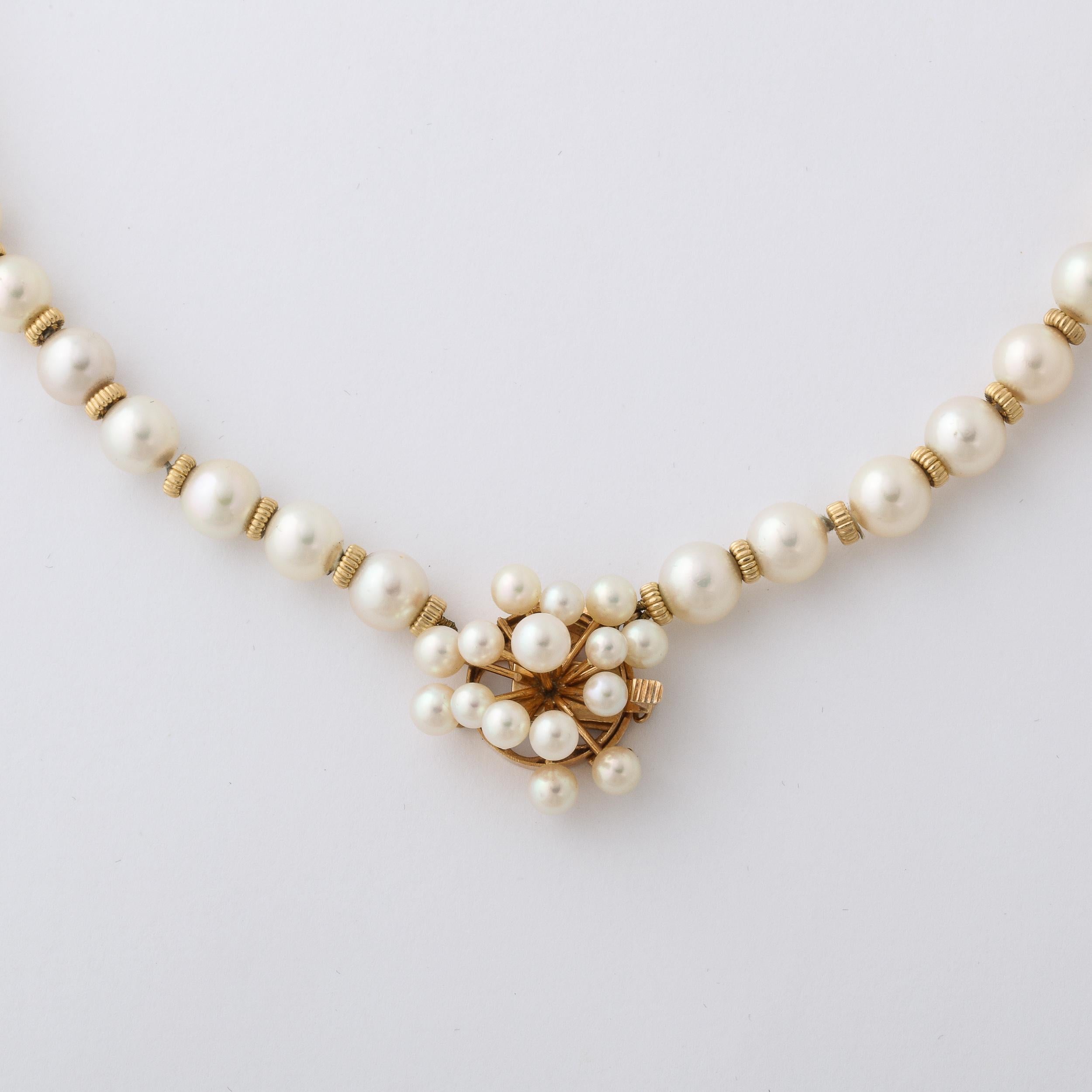 Mid- century Modernist Pearl Necklace with Gold Spacers and Sputnik Clasp For Sale 8