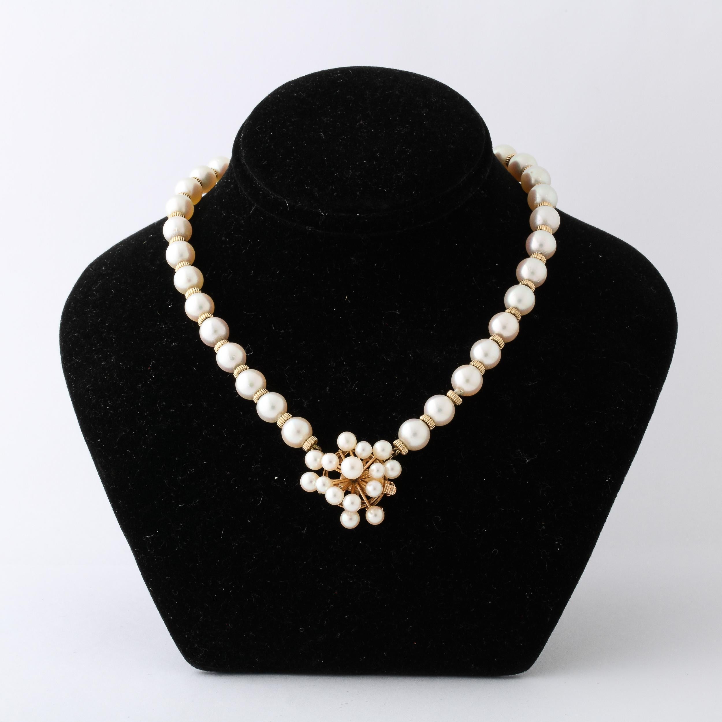 Bead Mid- century Modernist Pearl Necklace with Gold Spacers and Sputnik Clasp For Sale