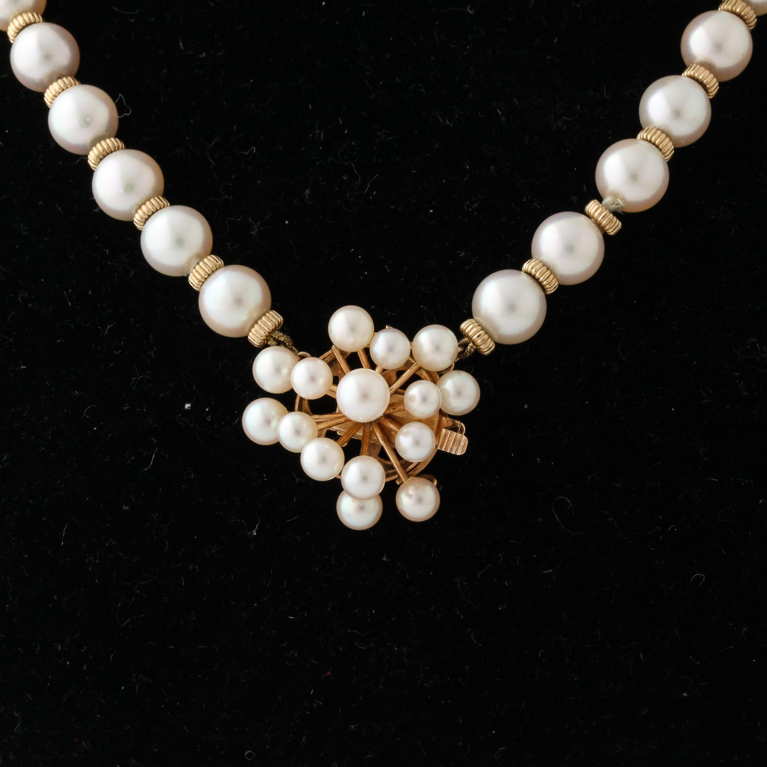 Women's or Men's Mid- century Modernist Pearl Necklace with Gold Spacers and Sputnik Clasp For Sale