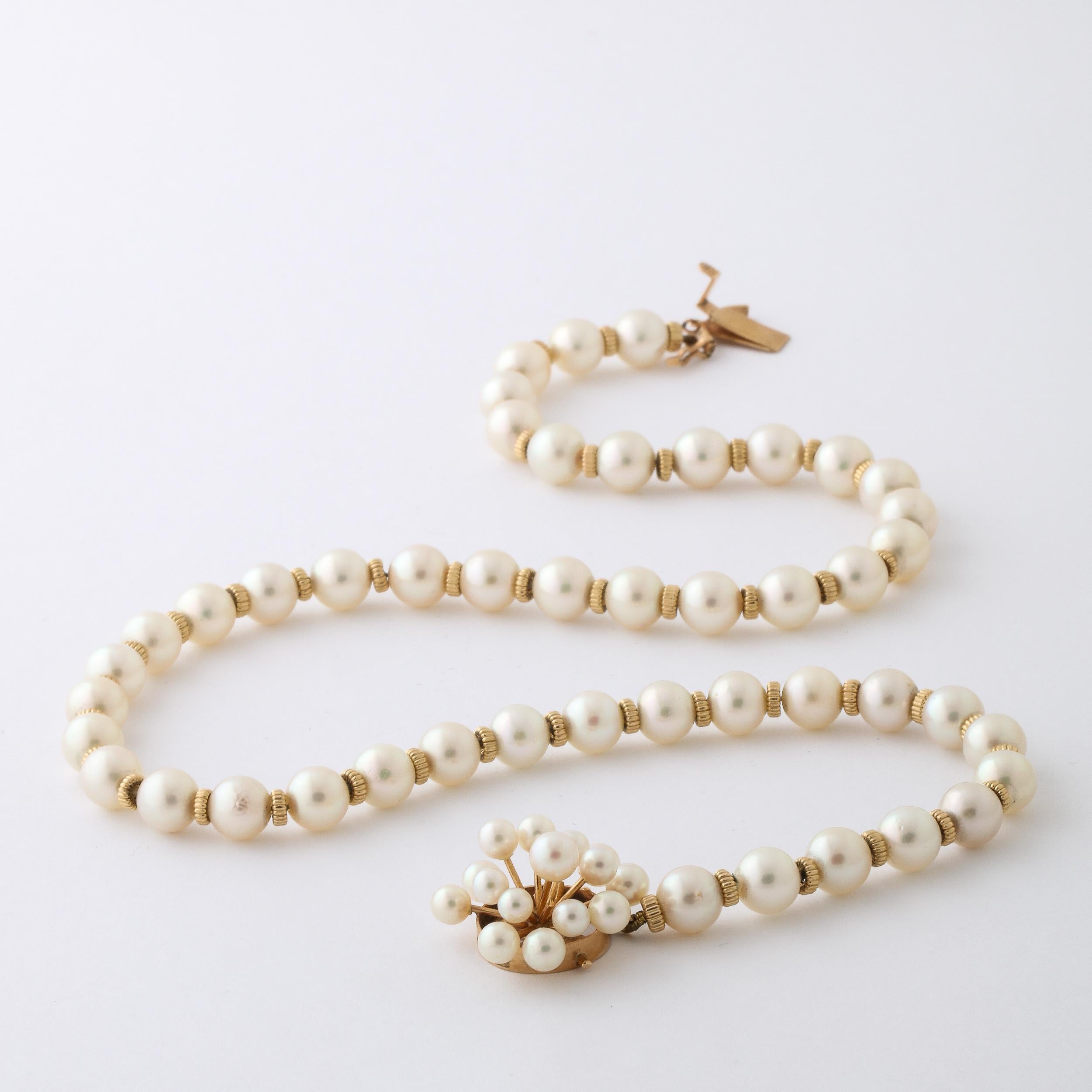 Mid- century Modernist Pearl Necklace with Gold Spacers and Sputnik Clasp For Sale 1