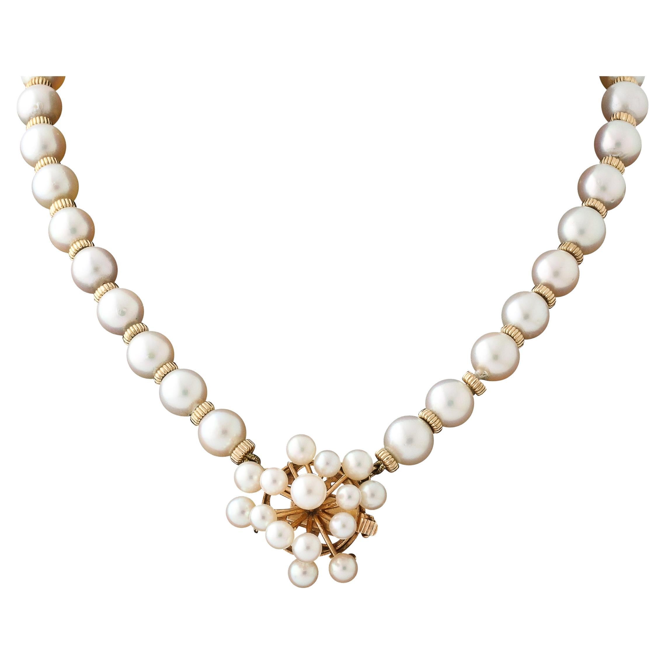 Mid- century Modernist Pearl Necklace with Gold Spacers and Sputnik Clasp For Sale