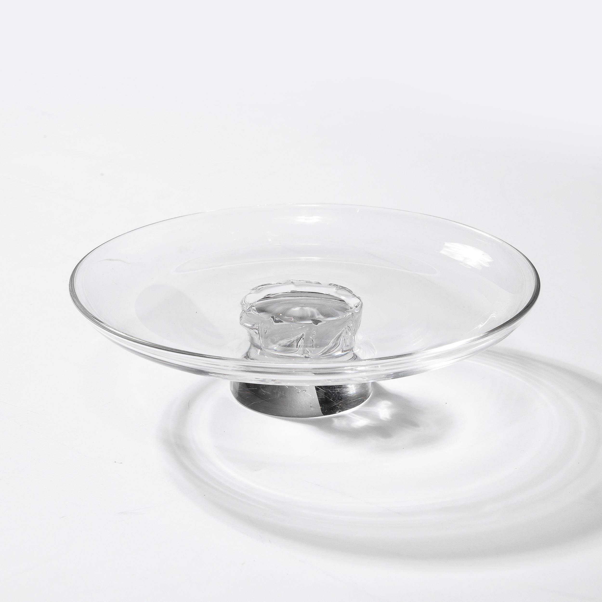 American Mid-Century Modernist Pedestal Cake Stand in Hand-Blown Glass Signed Steuben