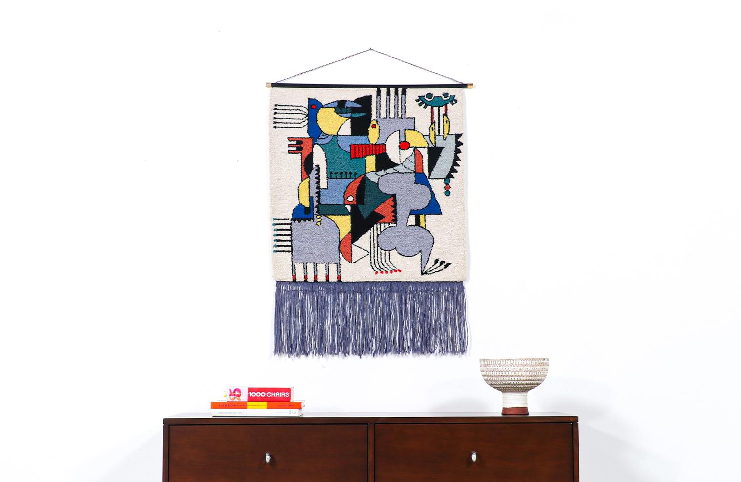 Mid-Century Modernist Picasso Cubist style wall hanging tapestry art.