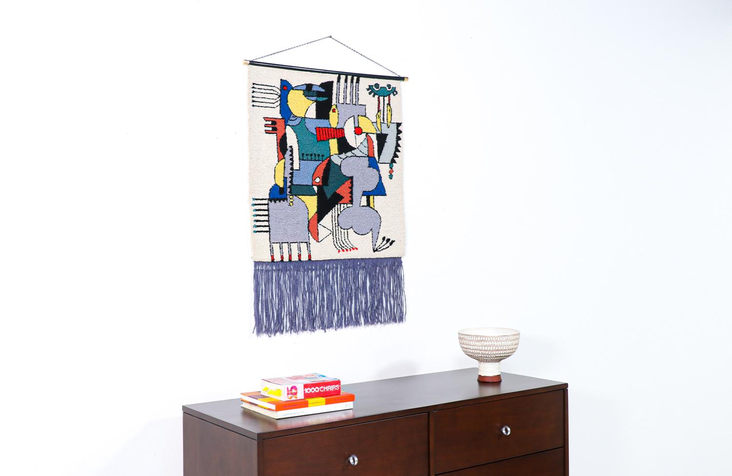 American Mid-Century Modernist Picasso Cubist Style Wall Hanging Tapestry Art