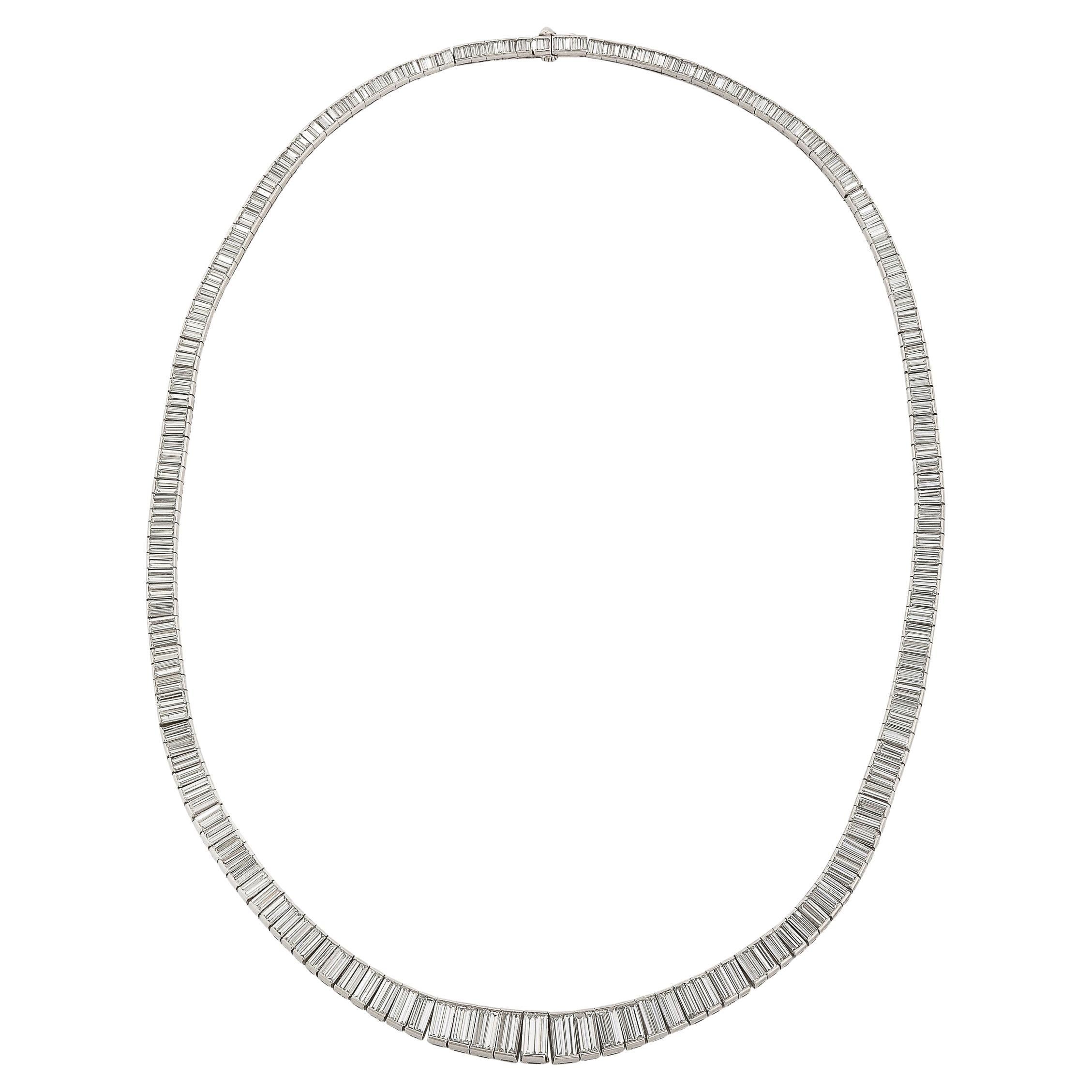 Mid-Century Modernist Platinum and 388 Baguette Cut Graduated Diamond Necklace