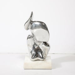 Mid-Century Modernist Polished Aluminum Abstract Sculpture on Marble Base Signed