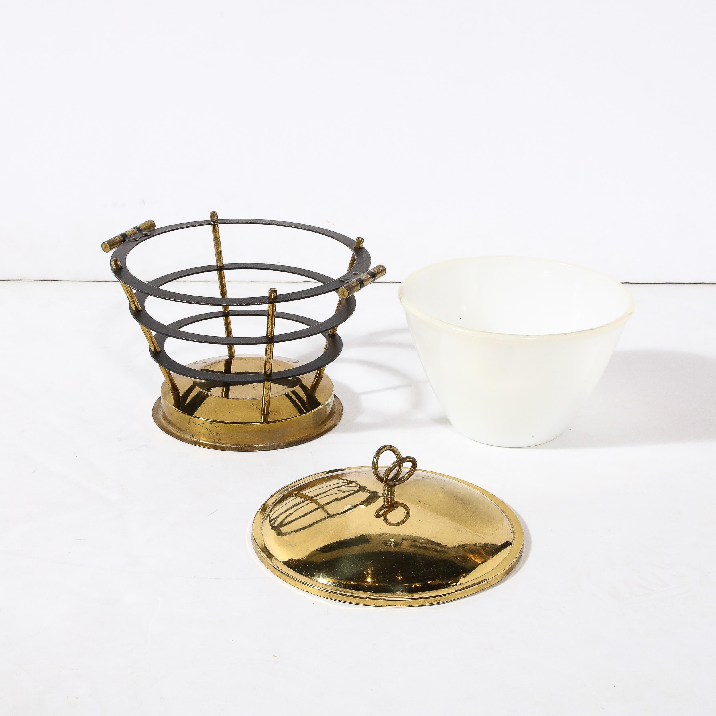Mid-Century Modernist Polished Brass Ice Bucket W/ White Glass & Black Enamel 5
