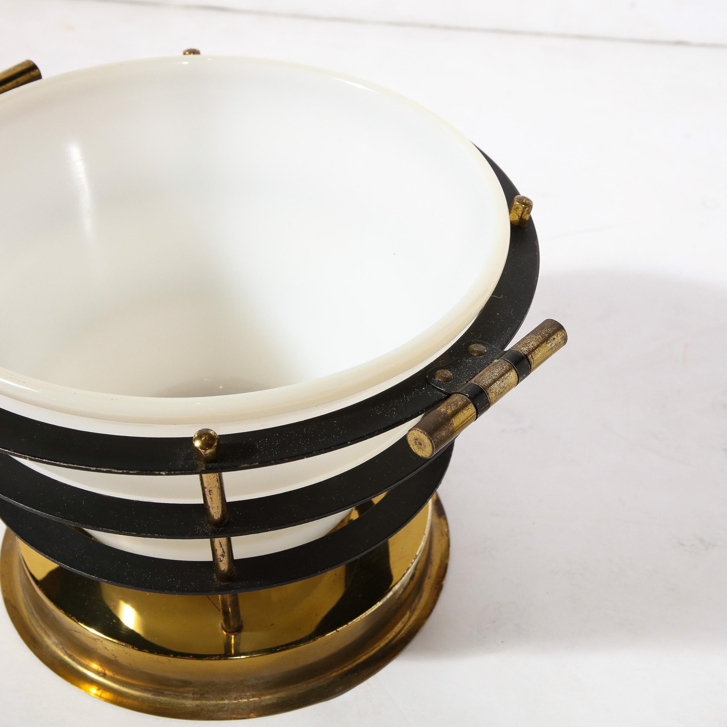 Mid-Century Modernist Polished Brass Ice Bucket W/ White Glass & Black Enamel 7