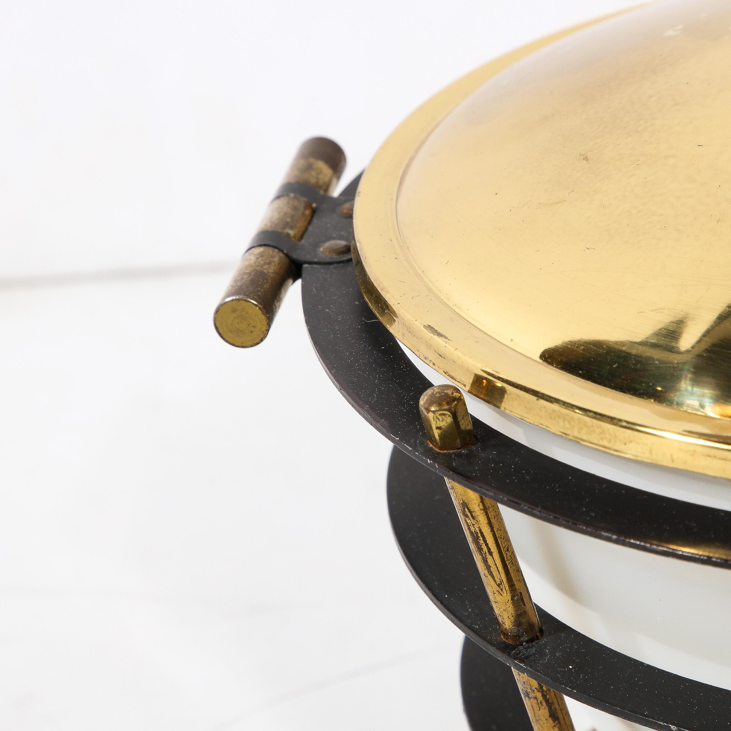 Mid-Century Modernist Polished Brass Ice Bucket W/ White Glass & Black Enamel 10