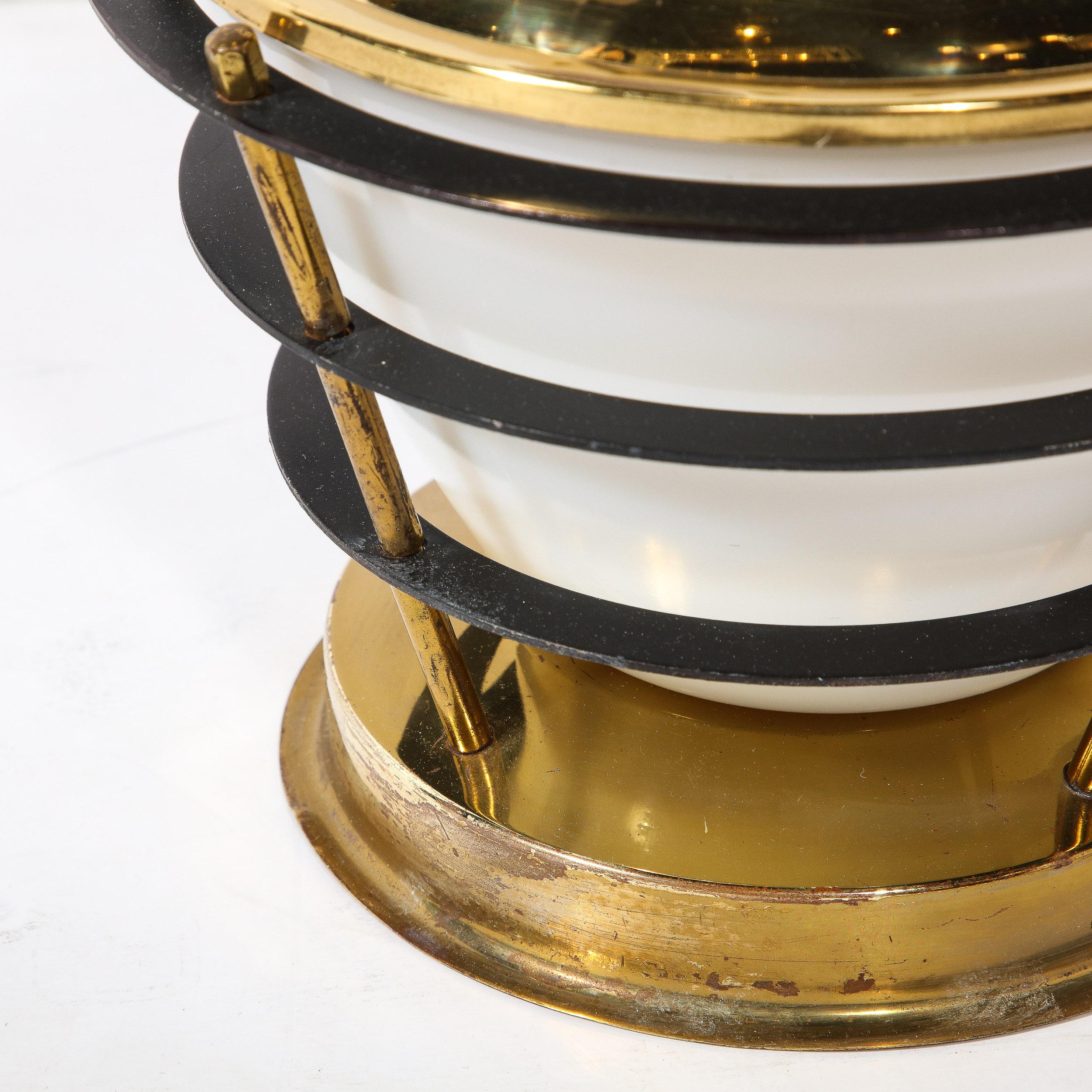 Mid-Century Modernist Polished Brass Ice Bucket W/ White Glass & Black Enamel 11