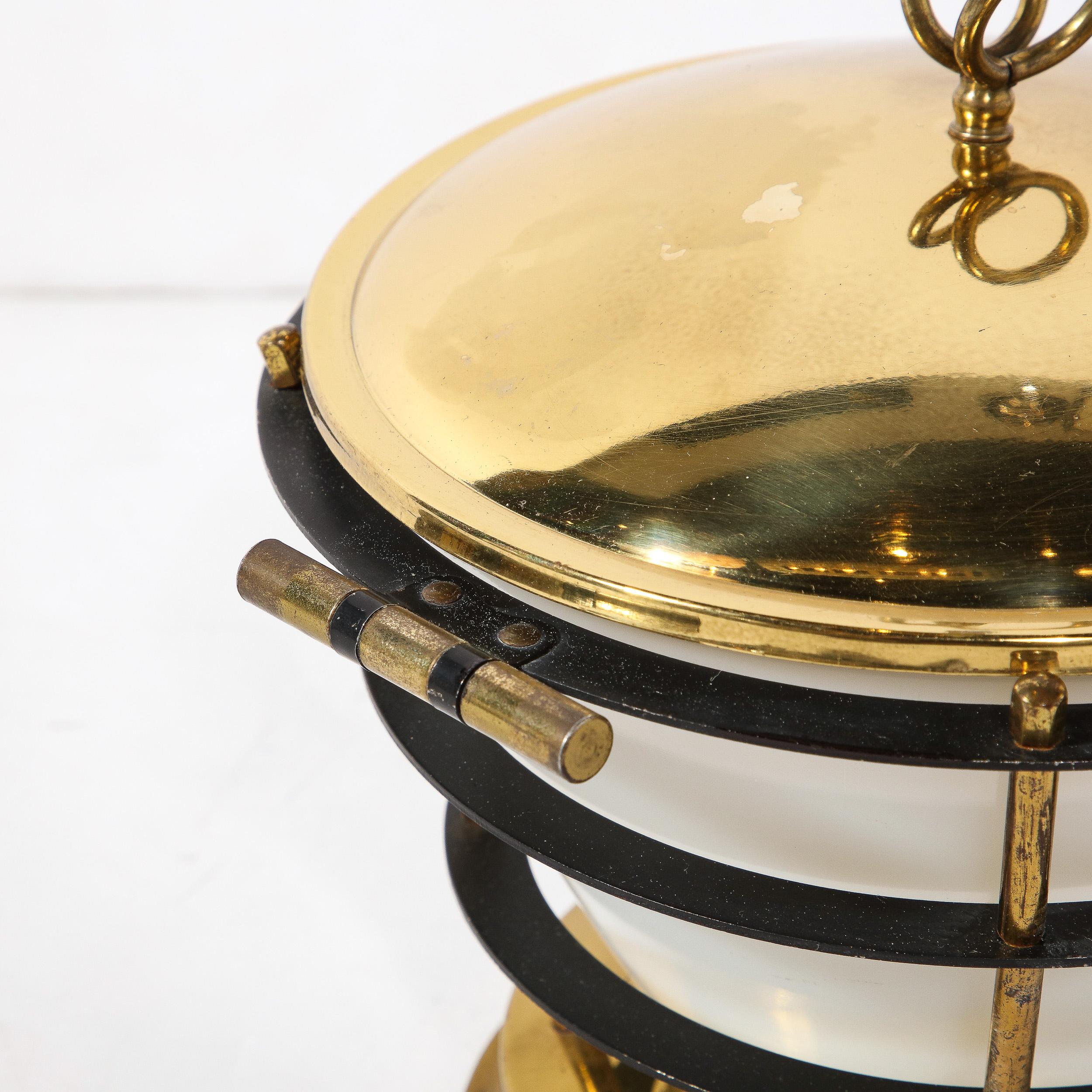 Mid-Century Modernist Polished Brass Ice Bucket W/ White Glass & Black Enamel 12