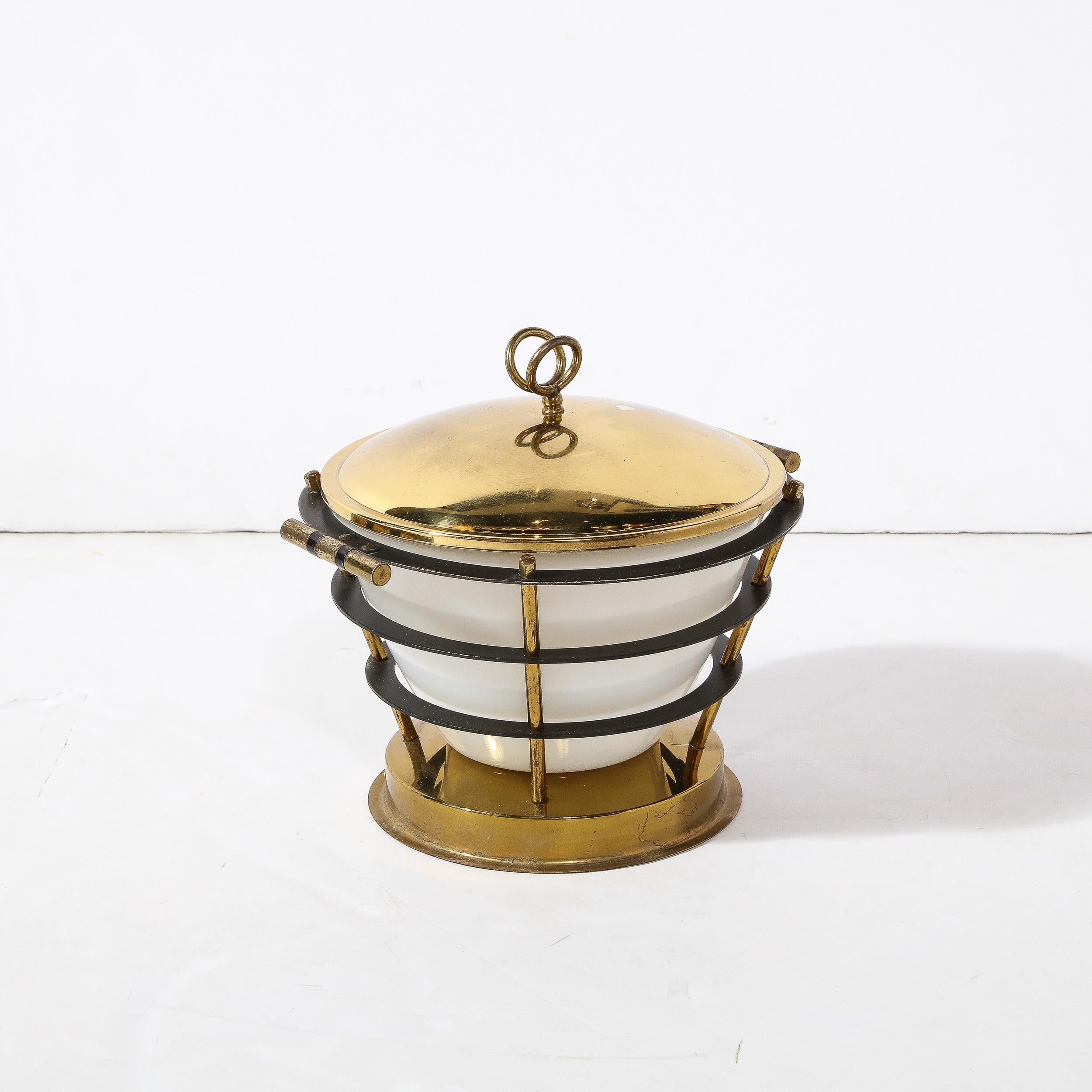 Italian Mid-Century Modernist Polished Brass Ice Bucket W/ White Glass & Black Enamel