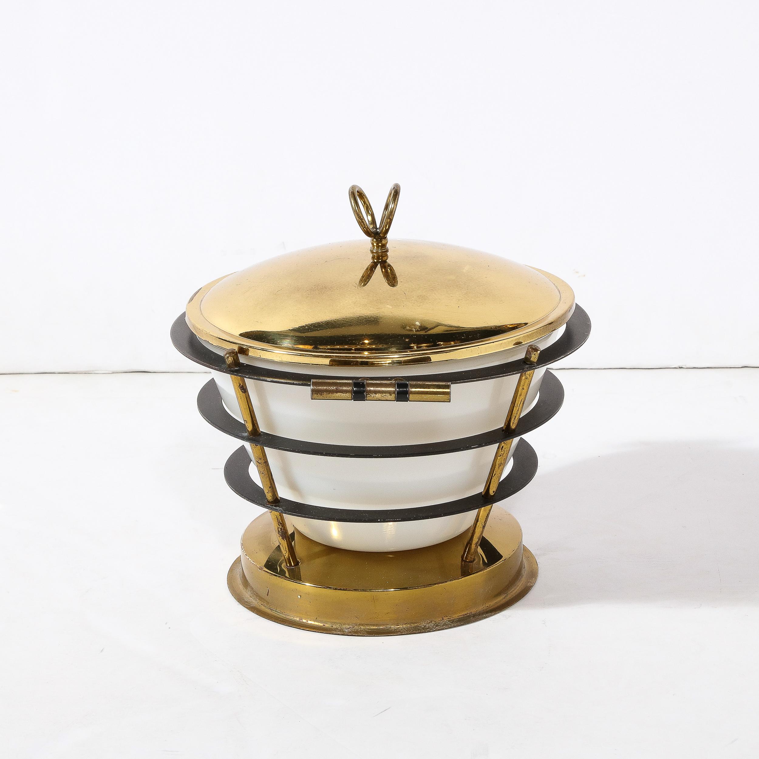 Mid-Century Modernist Polished Brass Ice Bucket W/ White Glass & Black Enamel In Excellent Condition In New York, NY