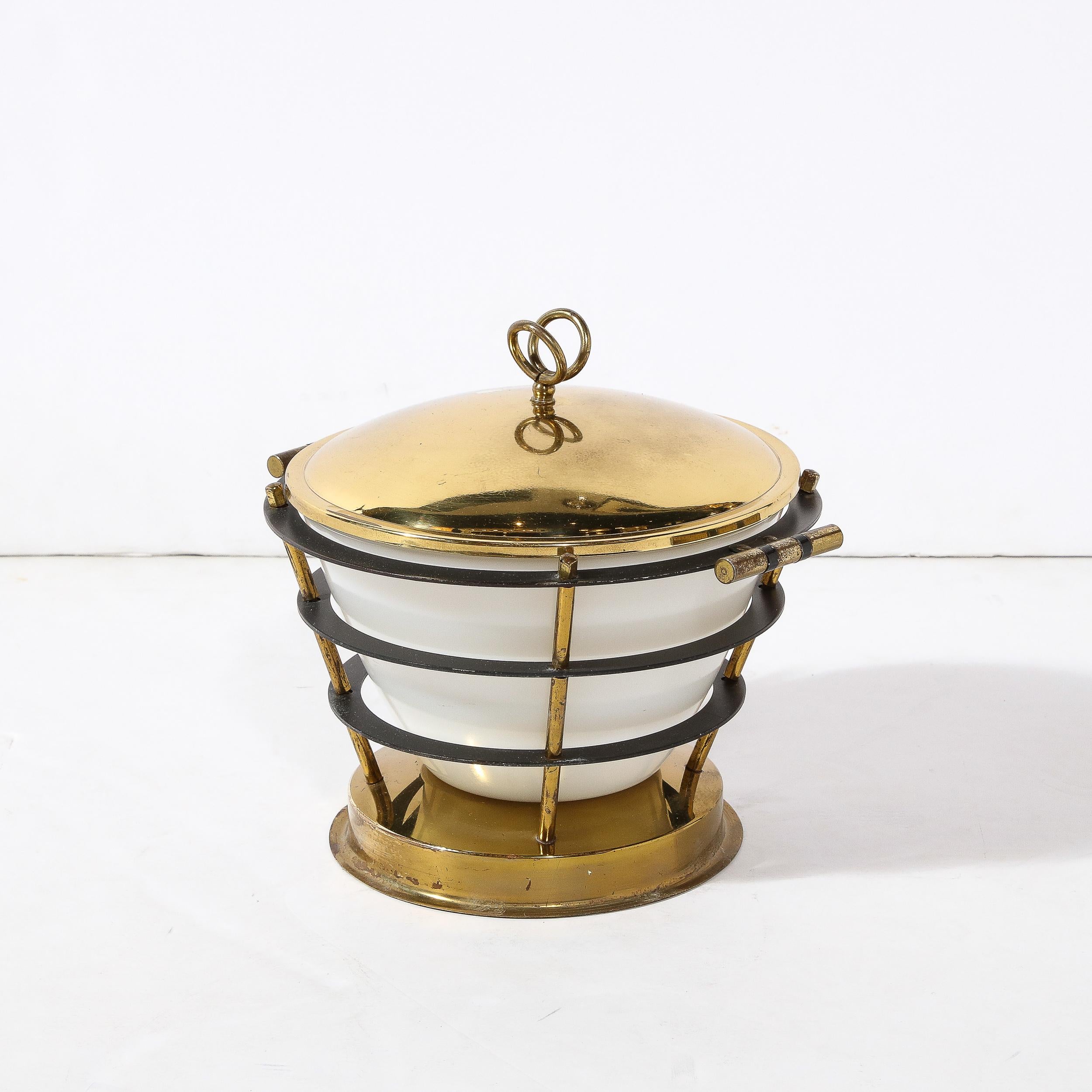 Mid-20th Century Mid-Century Modernist Polished Brass Ice Bucket W/ White Glass & Black Enamel