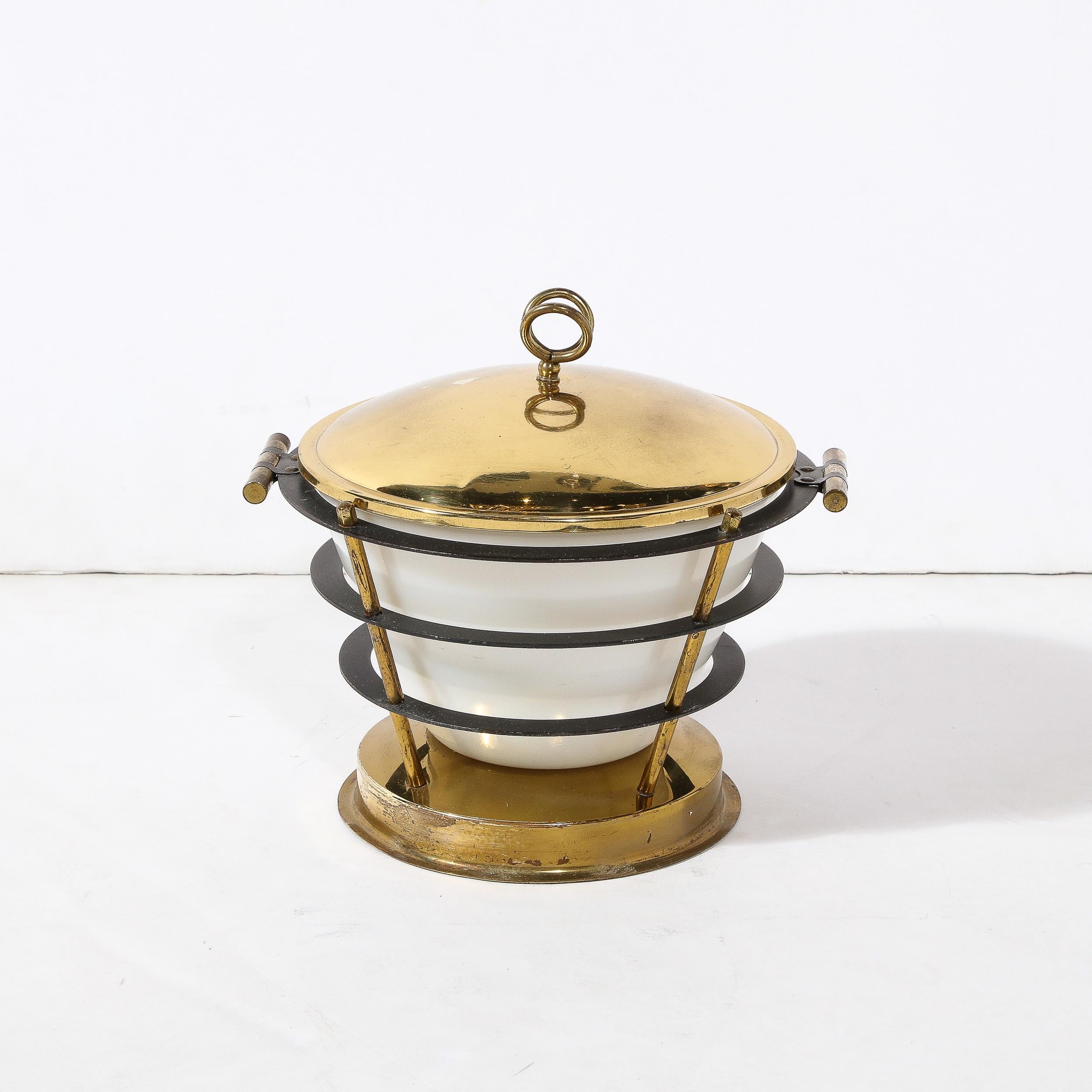 Mid-Century Modernist Polished Brass Ice Bucket W/ White Glass & Black Enamel 1