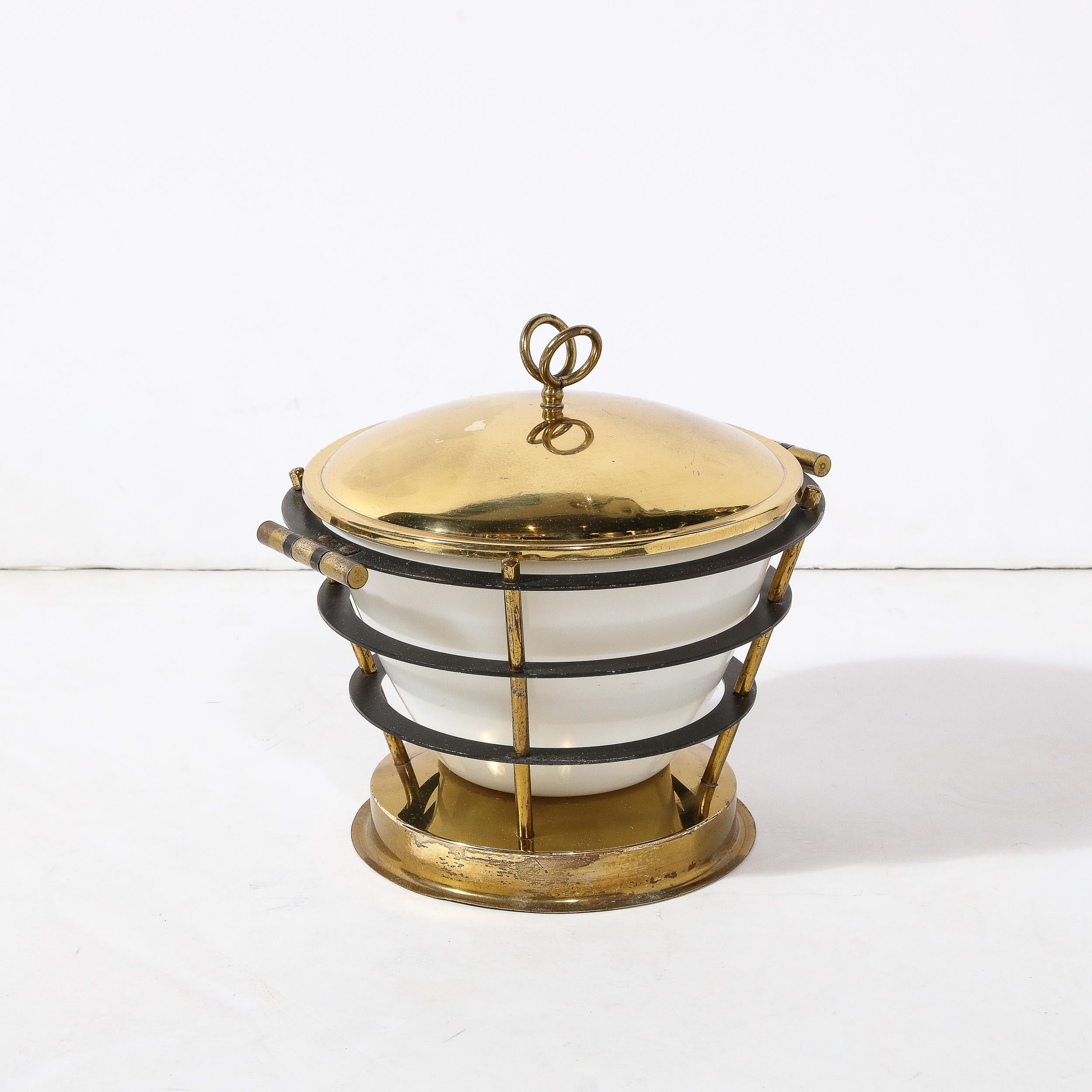 Mid-Century Modernist Polished Brass Ice Bucket W/ White Glass & Black Enamel 2