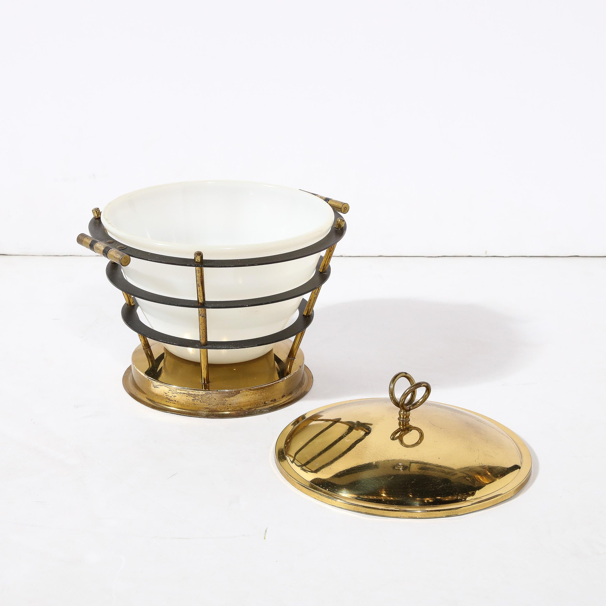 Mid-Century Modernist Polished Brass Ice Bucket W/ White Glass & Black Enamel 3