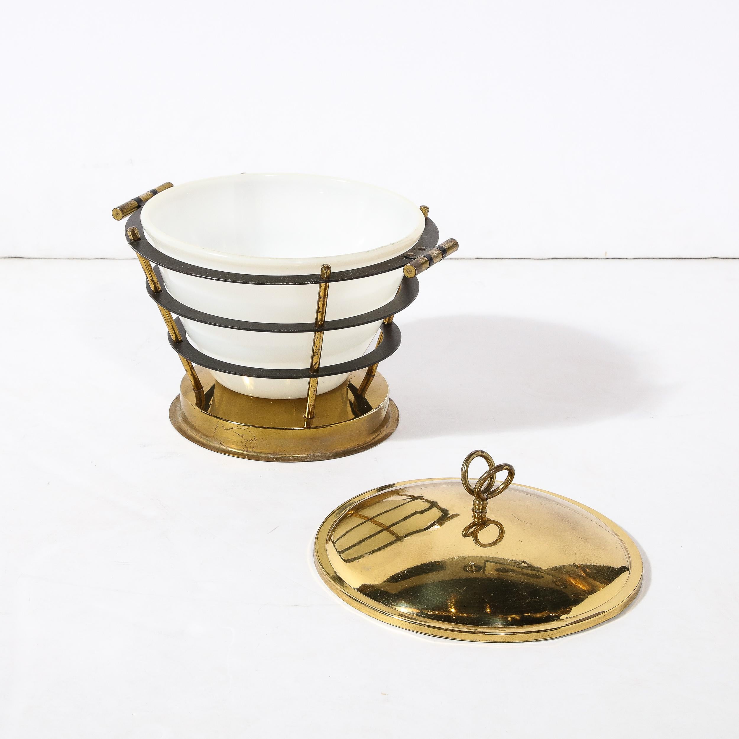 Mid-Century Modernist Polished Brass Ice Bucket W/ White Glass & Black Enamel 4