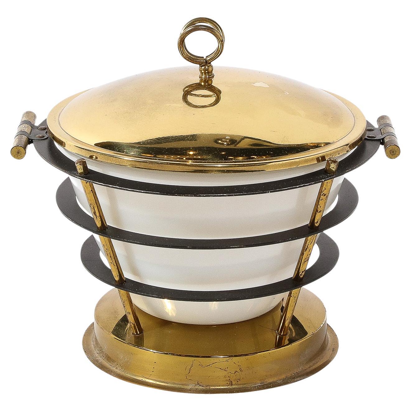 Mid-Century Modernist Polished Brass Ice Bucket W/ White Glass & Black Enamel
