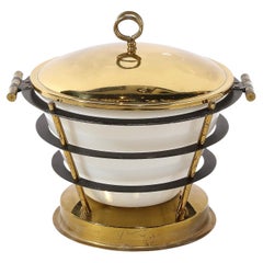 Mid-Century Modernist Polished Brass Ice Bucket W/ White Glass & Black Enamel