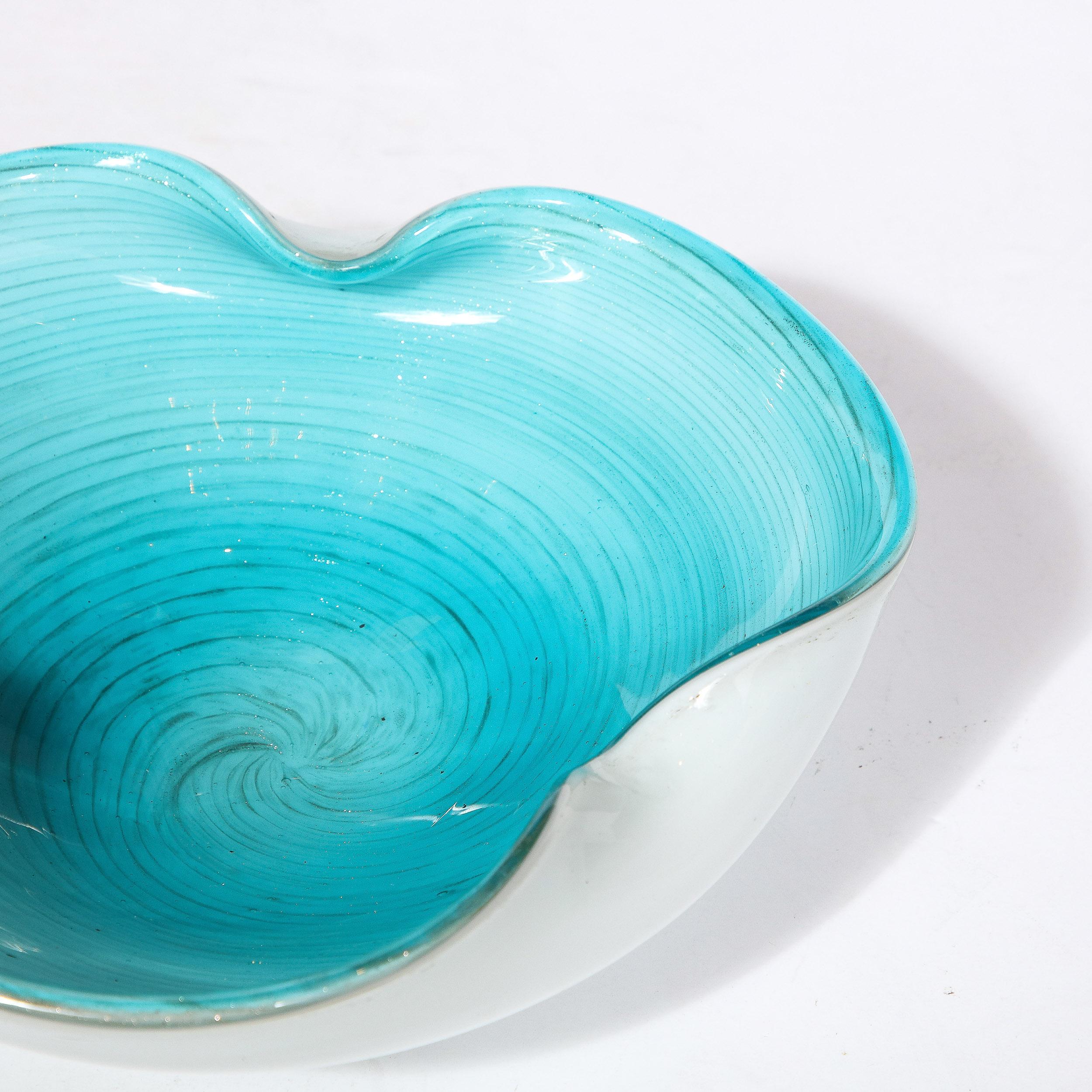 Mid-Century Modernist Powder Blue & White Handblown Murano Glass Dish 8