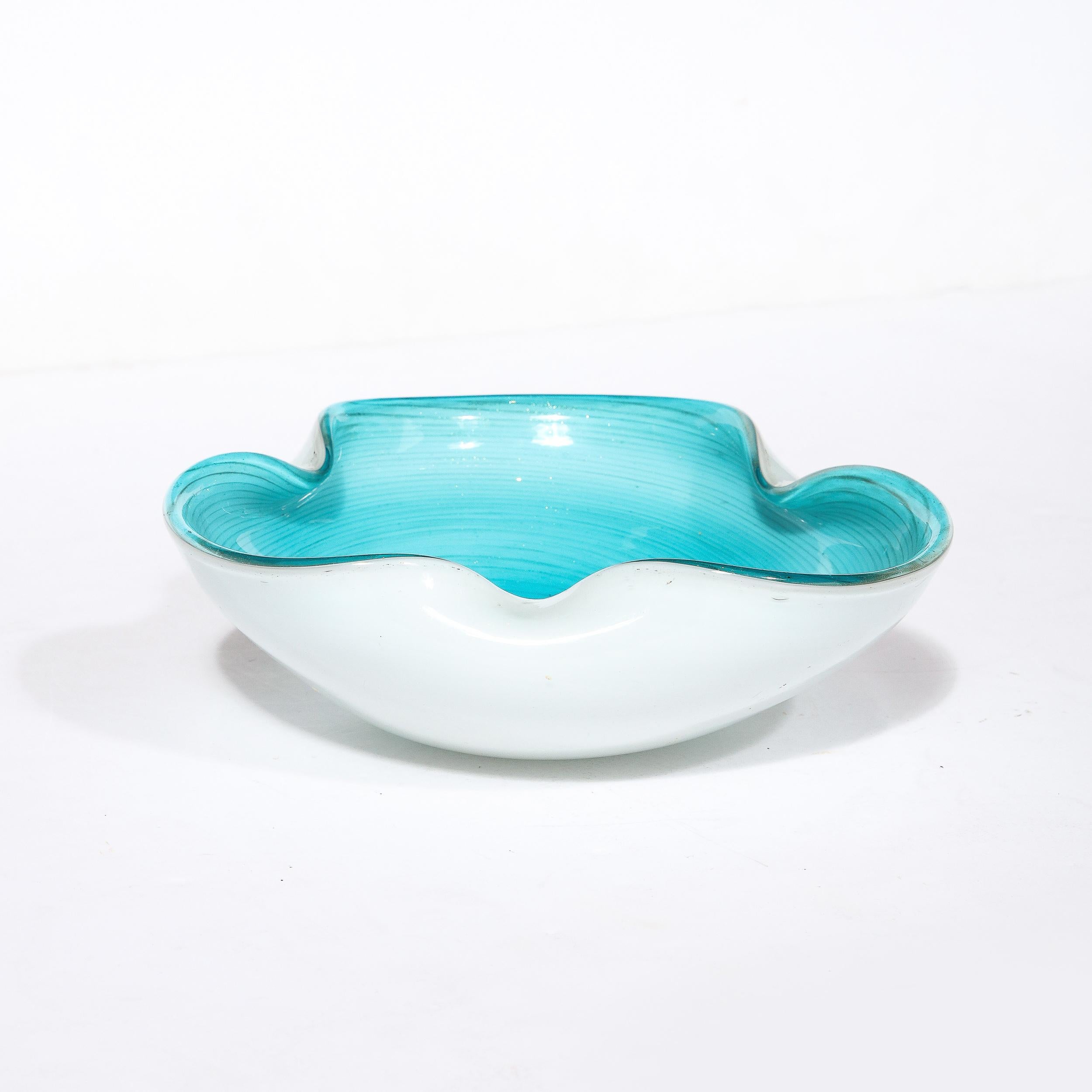 Mid-Century Modernist Powder Blue & White Handblown Murano Glass Dish 10