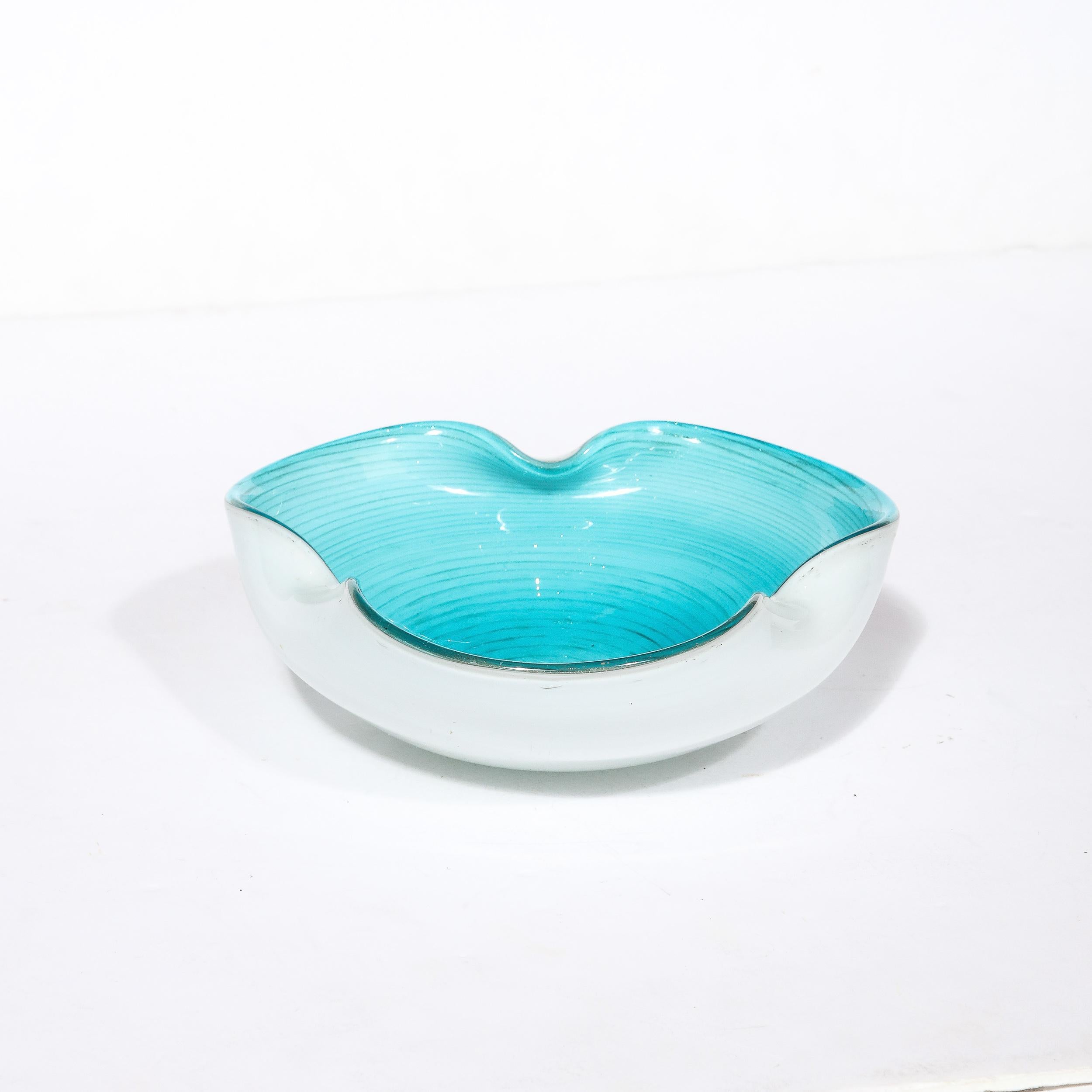 Mid-Century Modernist Powder Blue & White Handblown Murano Glass Dish 11