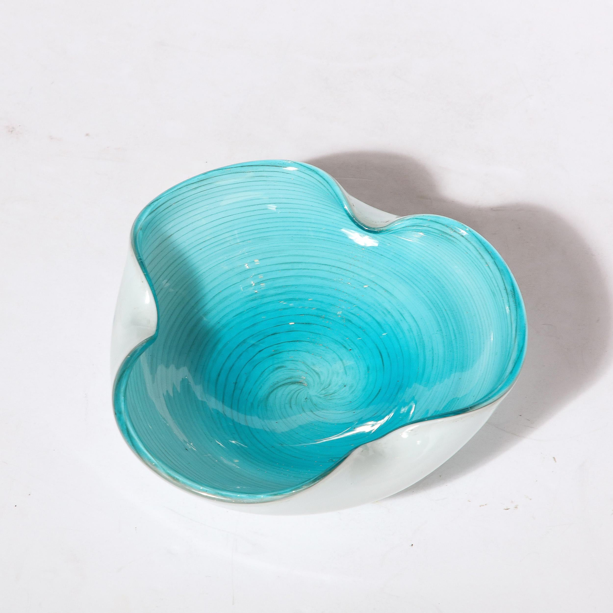 Mid-Century Modernist Powder Blue & White Handblown Murano Glass Dish 12