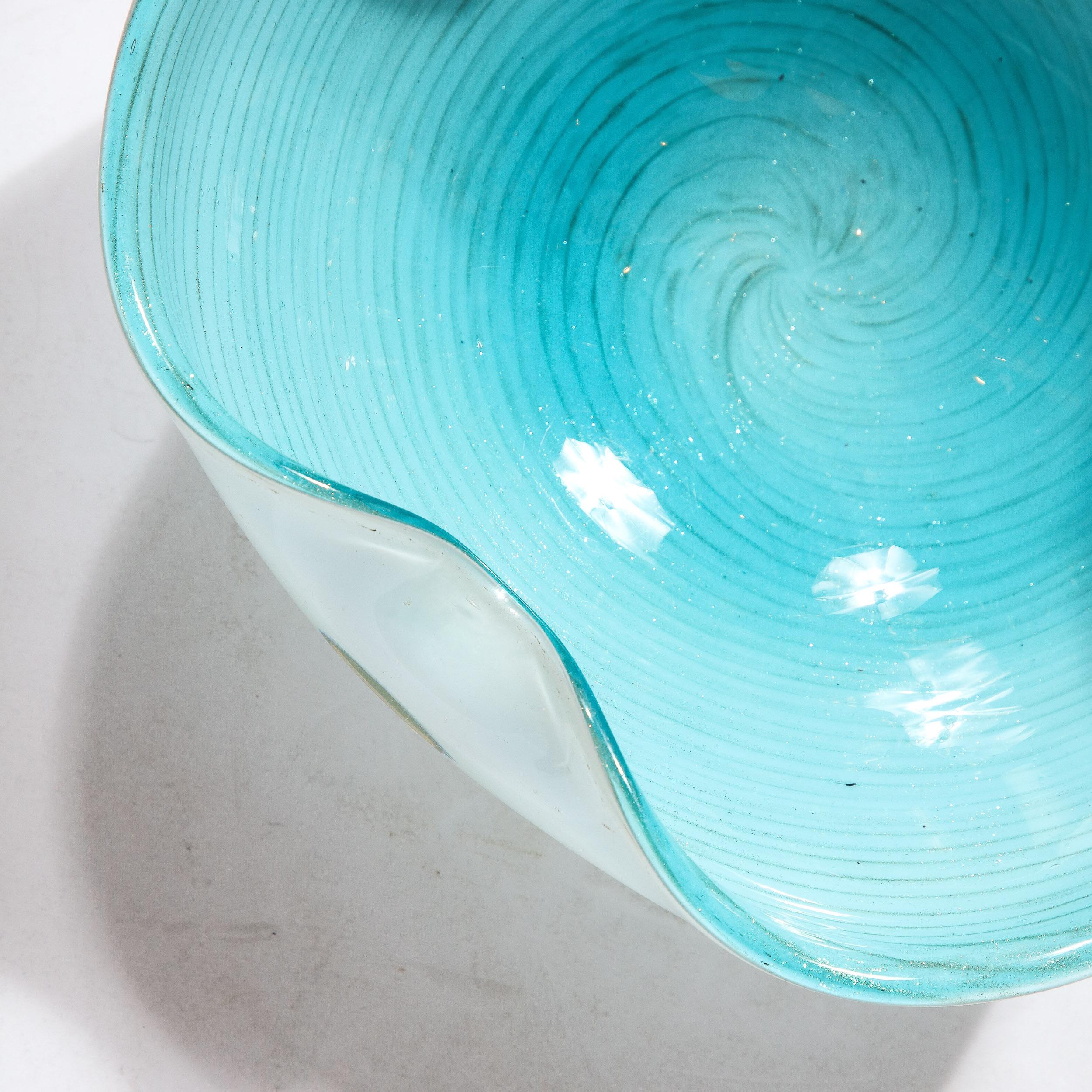 Mid-Century Modernist Powder Blue & White Handblown Murano Glass Dish In Excellent Condition In New York, NY