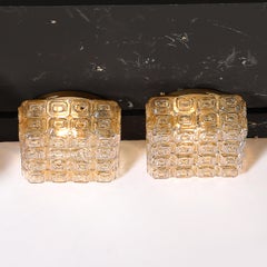 Mid-Century Modernist Pressed Amber Glass Geometric Flush Mount Chandeliers