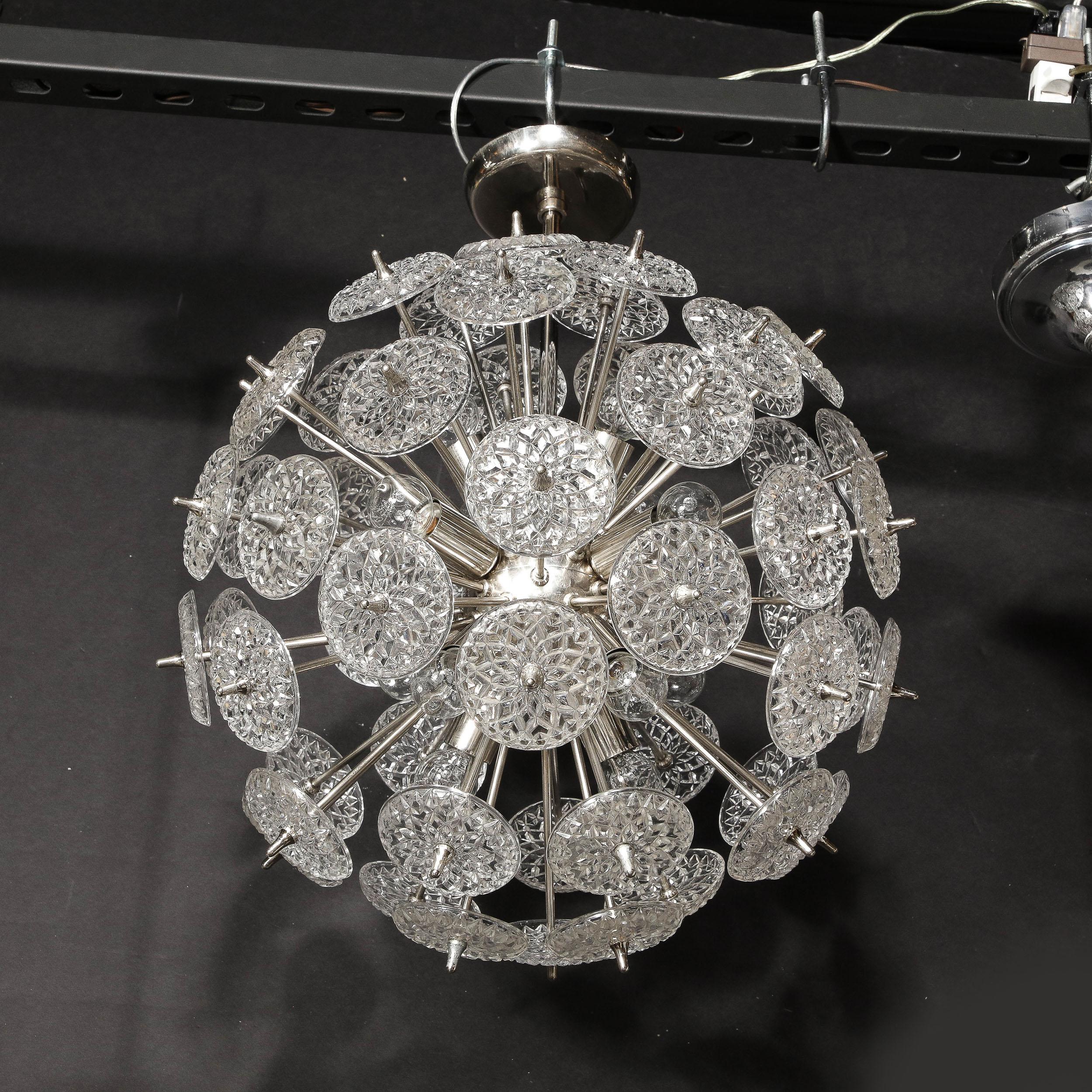 Mid-Century Modernist Pressed Glass Disc Sputnik Chandelier w/ Nickel Fittings For Sale 8