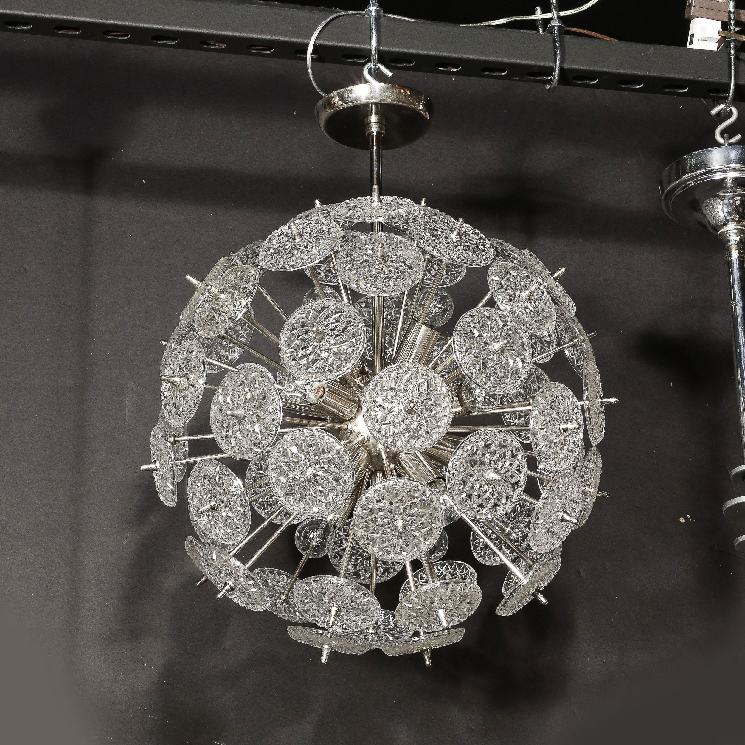 Mid-Century Modernist Pressed Glass Disc Sputnik Chandelier w/ Nickel Fittings For Sale 9