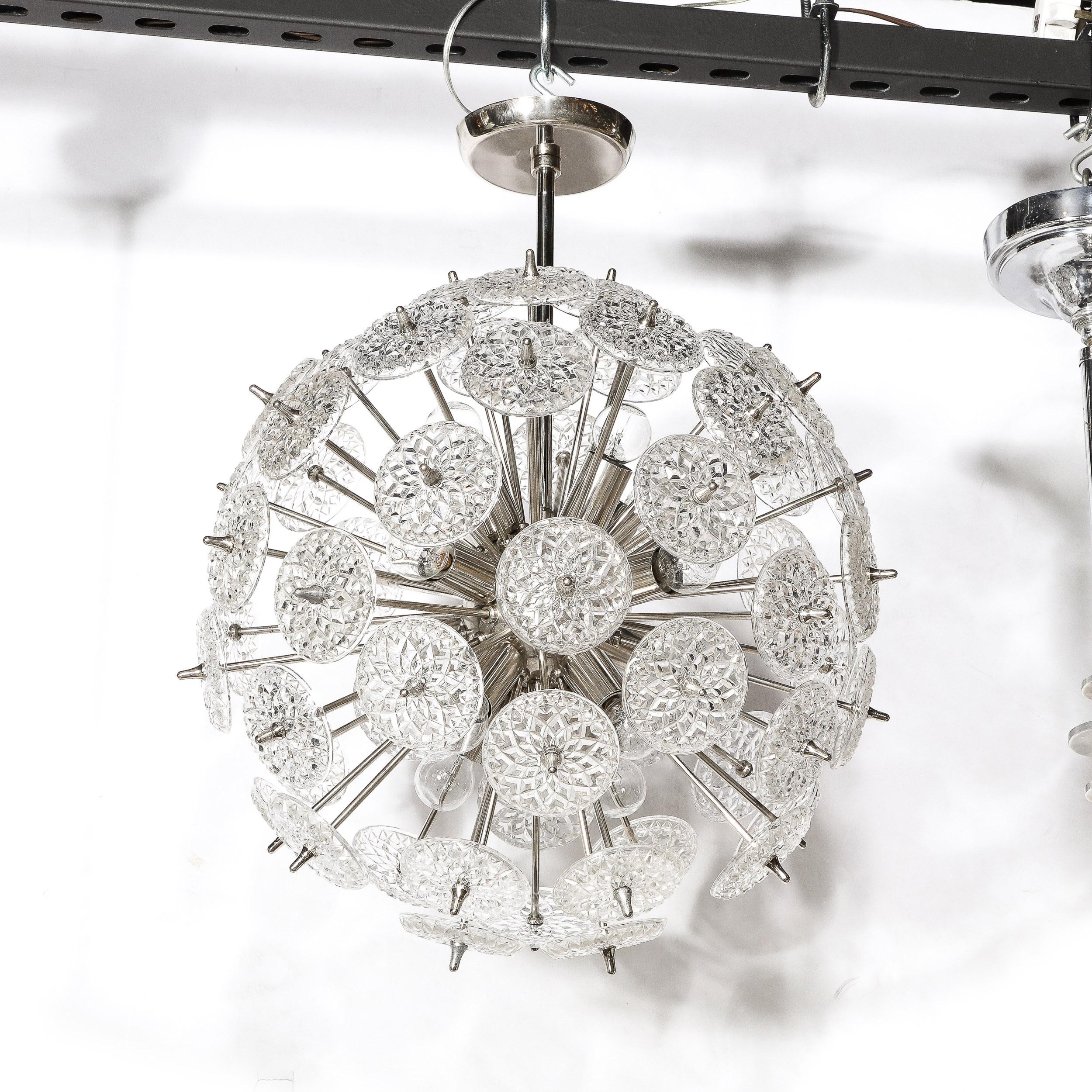 Mid-Century Modernist Pressed Glass Disc Sputnik Chandelier w/ Nickel Fittings For Sale 10