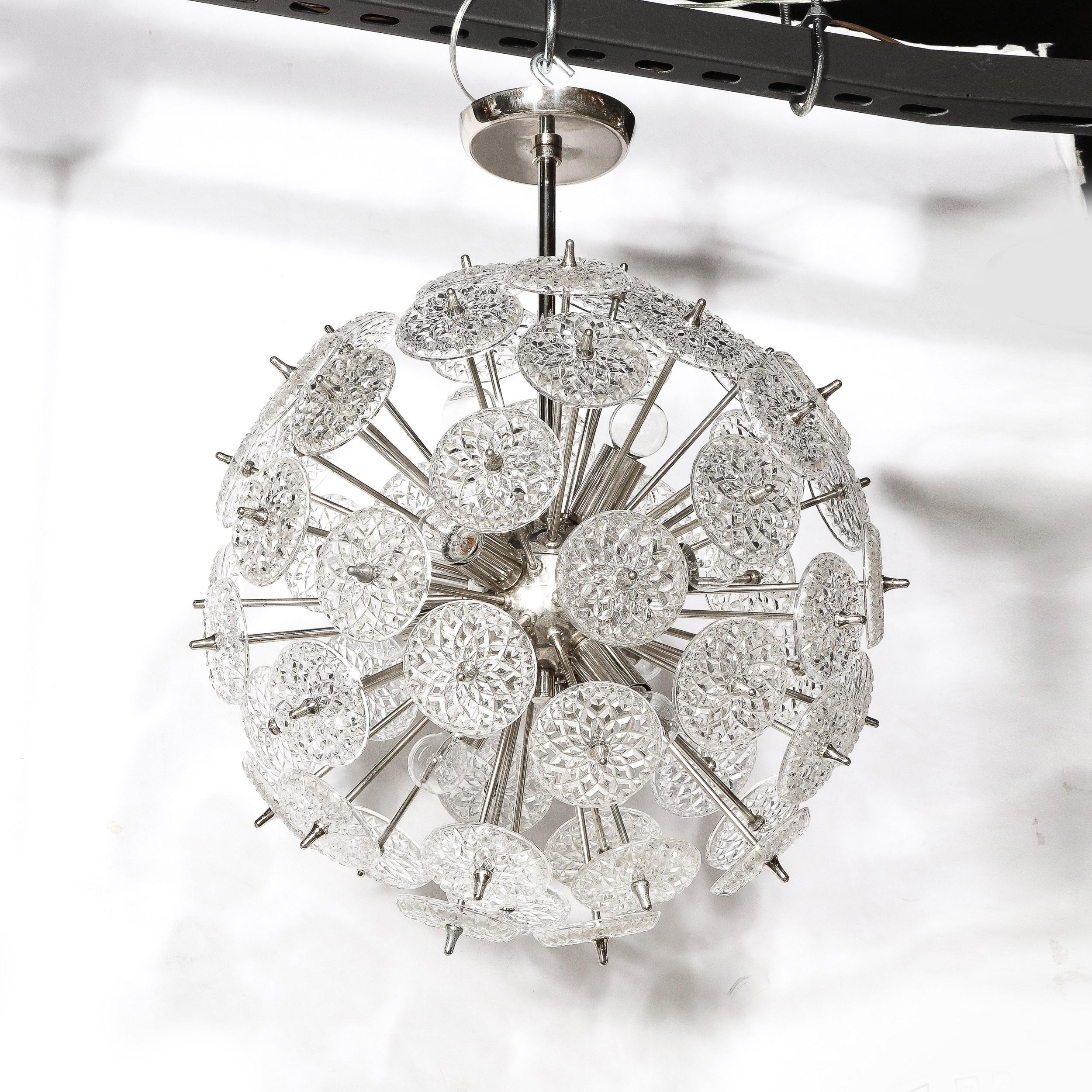 Mid-Century Modernist Pressed Glass Disc Sputnik Chandelier w/ Nickel Fittings For Sale 11