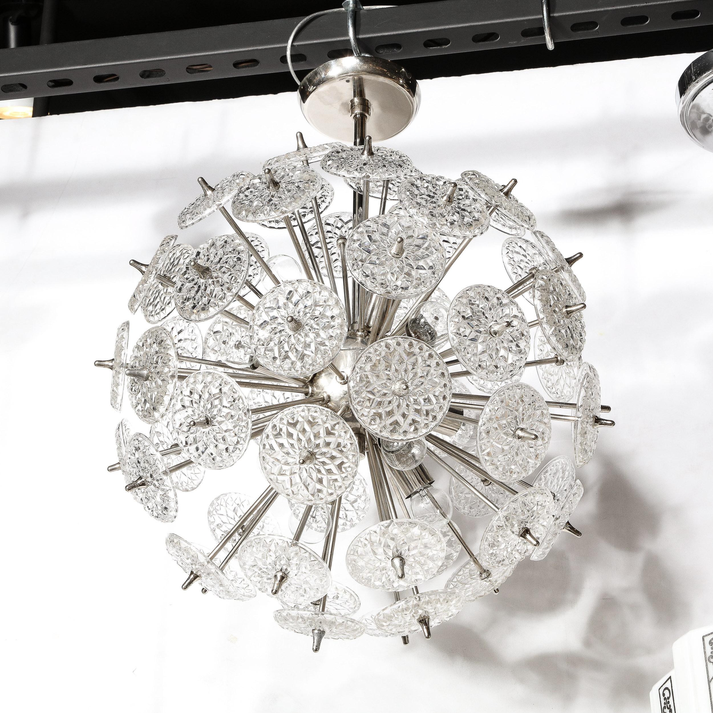 Mid-Century Modernist Pressed Glass Disc Sputnik Chandelier w/ Nickel Fittings For Sale 13