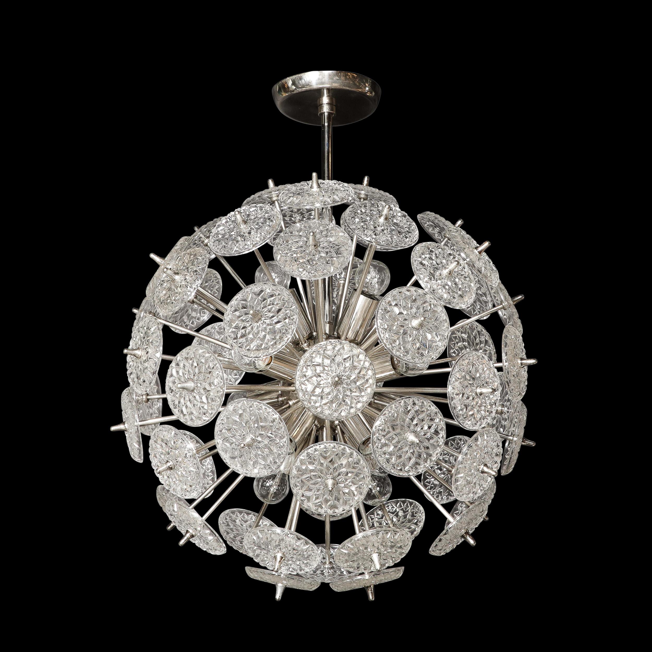 This gleaming and elegant Mid-Century Modernist Pressed Disk Sputnik Chandelier with Nickel Fittings originates from Austria, Circa 1960. Features an expansive sputnik frame rendered in satin nickel with translucent pressed glass disk elements with