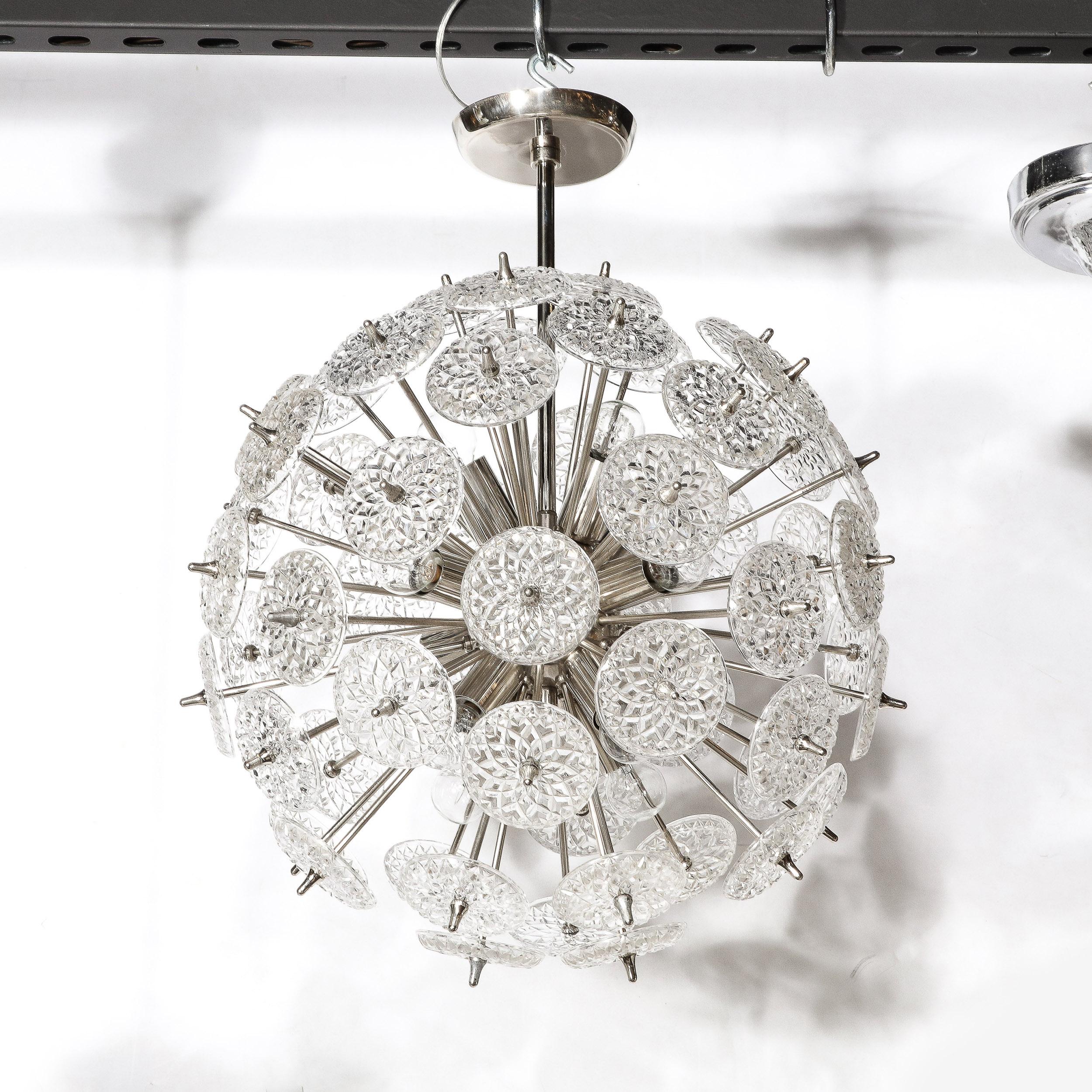 Mid-Century Modernist Pressglas Scheibe Sputnik Kronleuchter w / Nickel Beschläge im Angebot 13