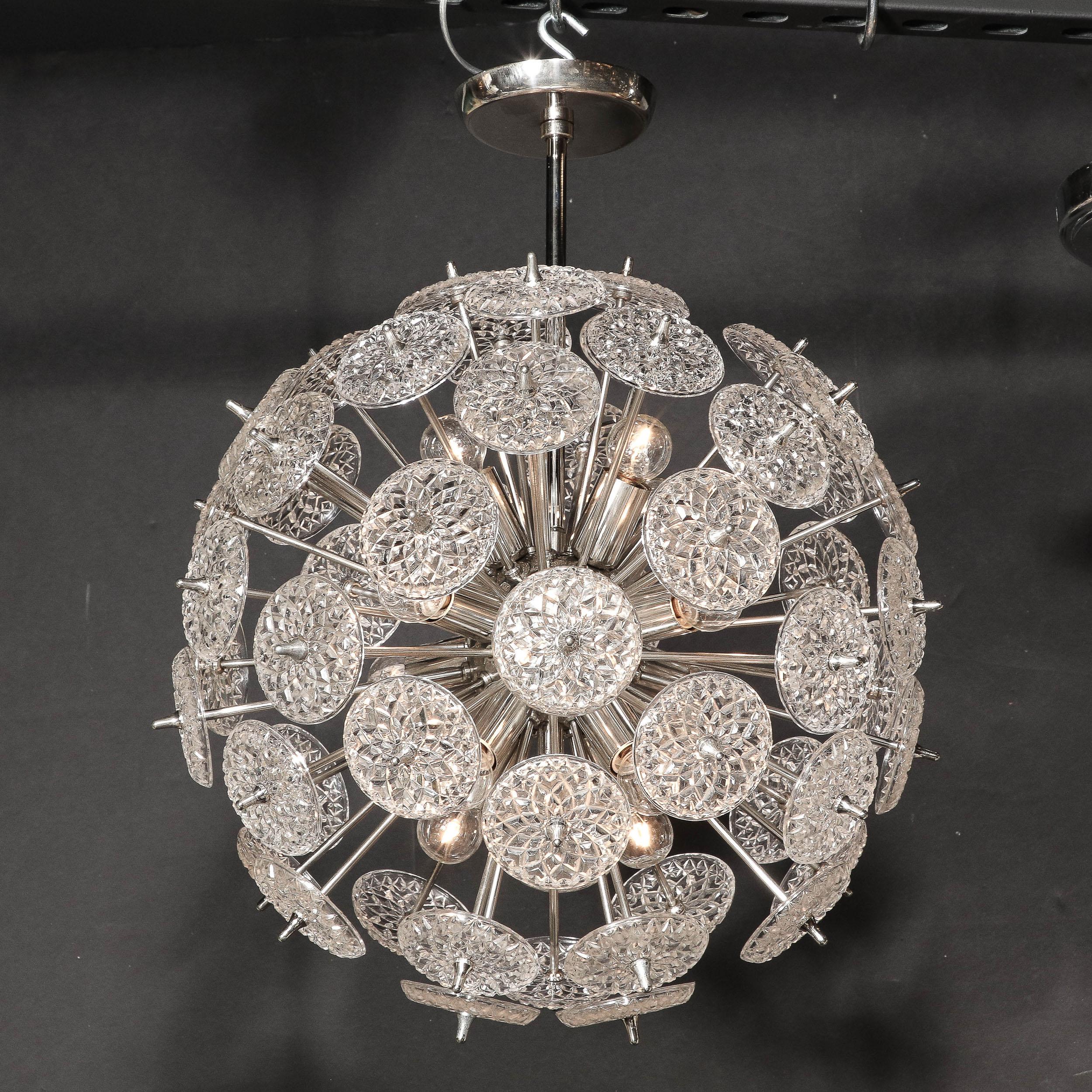 Austrian Mid-Century Modernist Pressed Glass Disc Sputnik Chandelier w/ Nickel Fittings For Sale