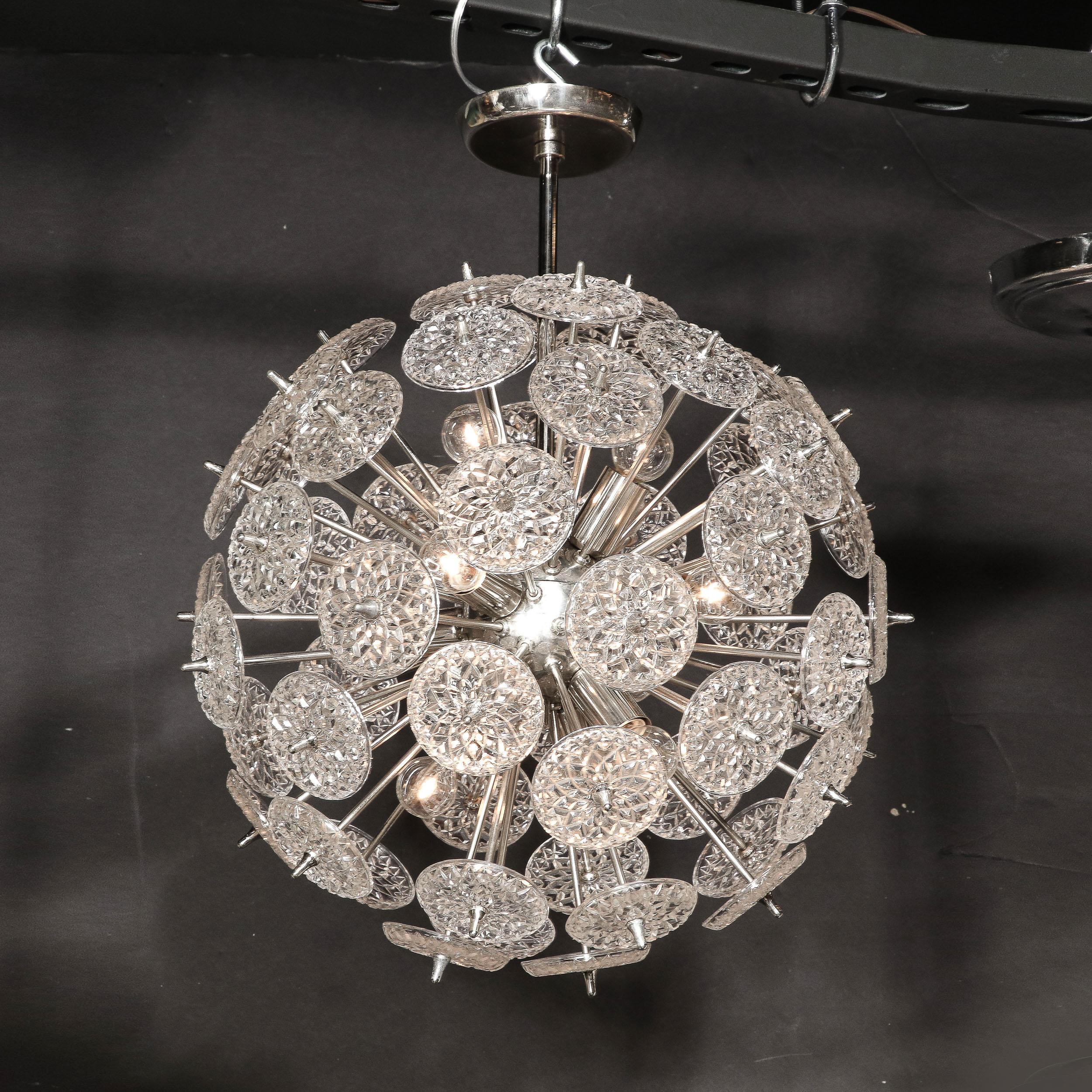 Mid-Century Modernist Pressed Glass Disc Sputnik Chandelier w/ Nickel Fittings In Excellent Condition For Sale In New York, NY